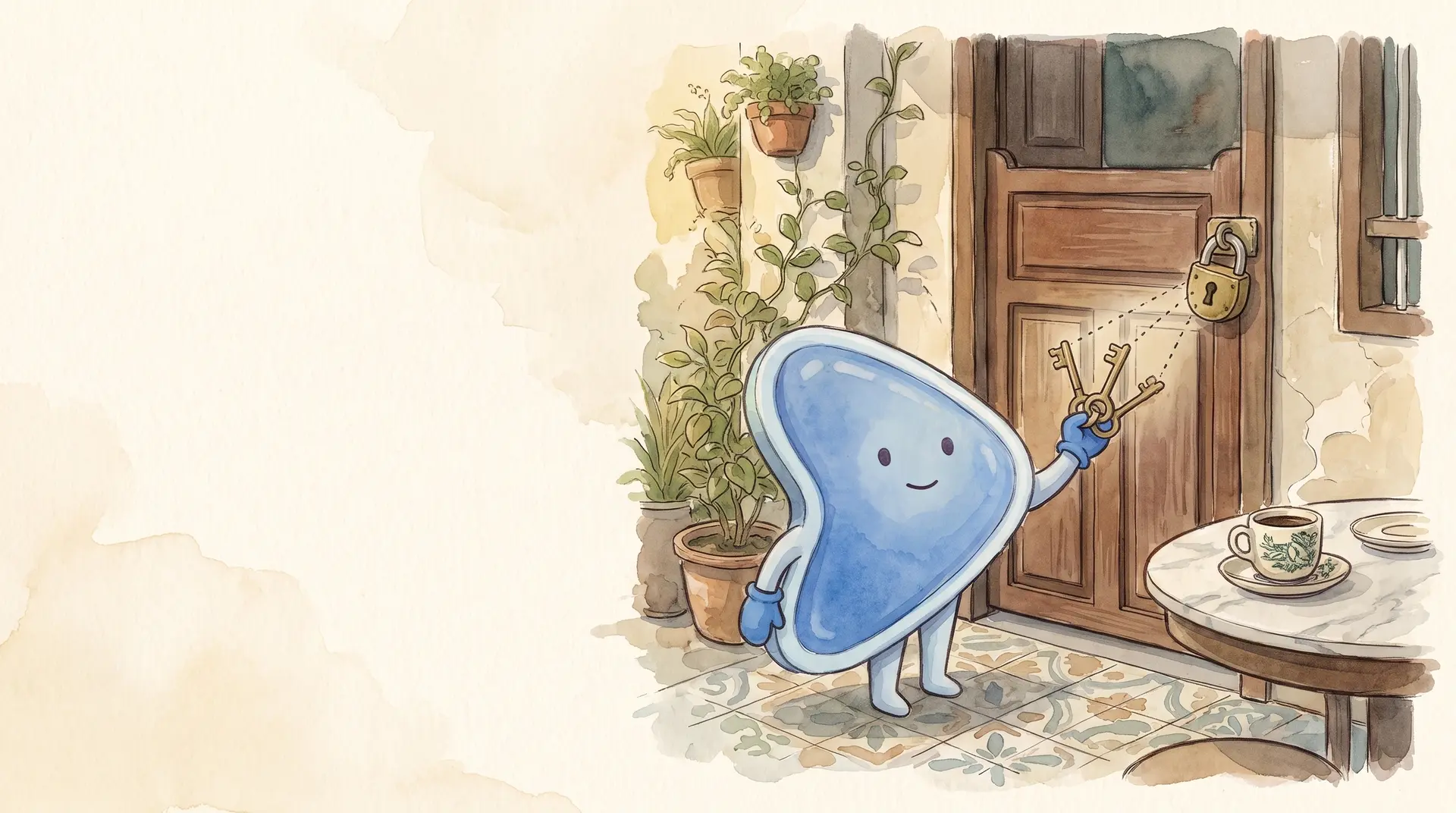 Watercolour illustration: EasyFound's blue mascot, Arrow, stands at the door of a Malaysian shophouse holding up three different keys, with dotted lines showing all three lead to the same padlock.