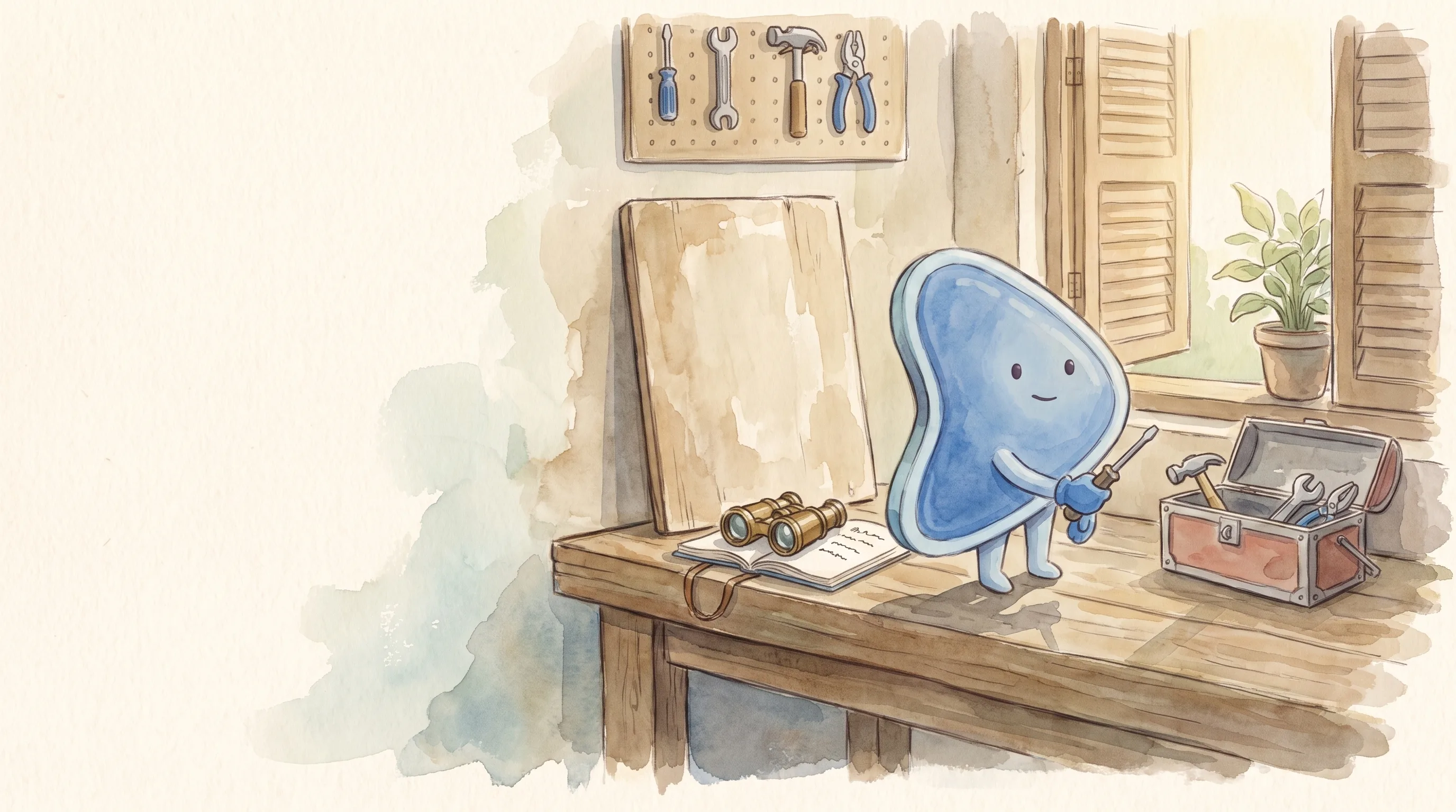 Watercolour illustration: EasyFound's blue mascot, Arrow, stands on a workbench in a shophouse workshop between a pair of binoculars resting on a blank notebook and an open toolbox, holding a small screwdriver.