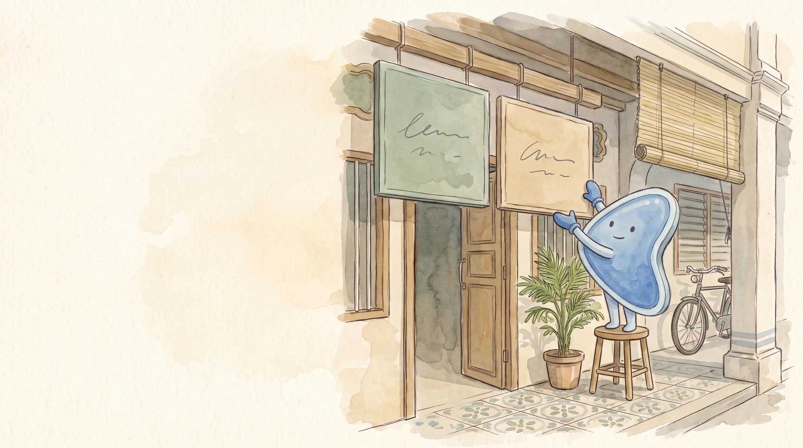 Ilustrasi cat air: maskot biru EasyFound, Arrow, berdiri di atas bangku kayu di hadapan sebuah kedai dan membetulkan dua papan tanda kosong yang tergantung sebelah-menyebelah di atas pintu.