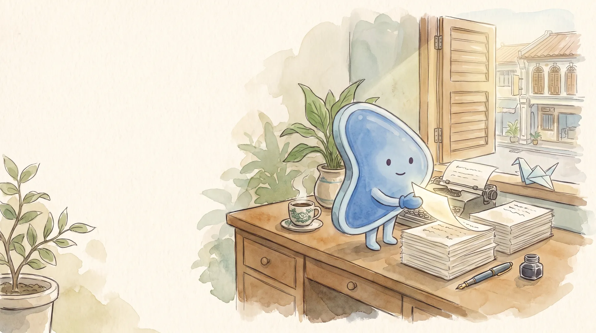 Watercolour illustration: EasyFound's blue mascot, Arrow, stands on a wooden desk by a shuttered shophouse window, lifting one glowing sheet from a stack of pages between an old typewriter and a fountain pen, while a paper crane waits on the sill.