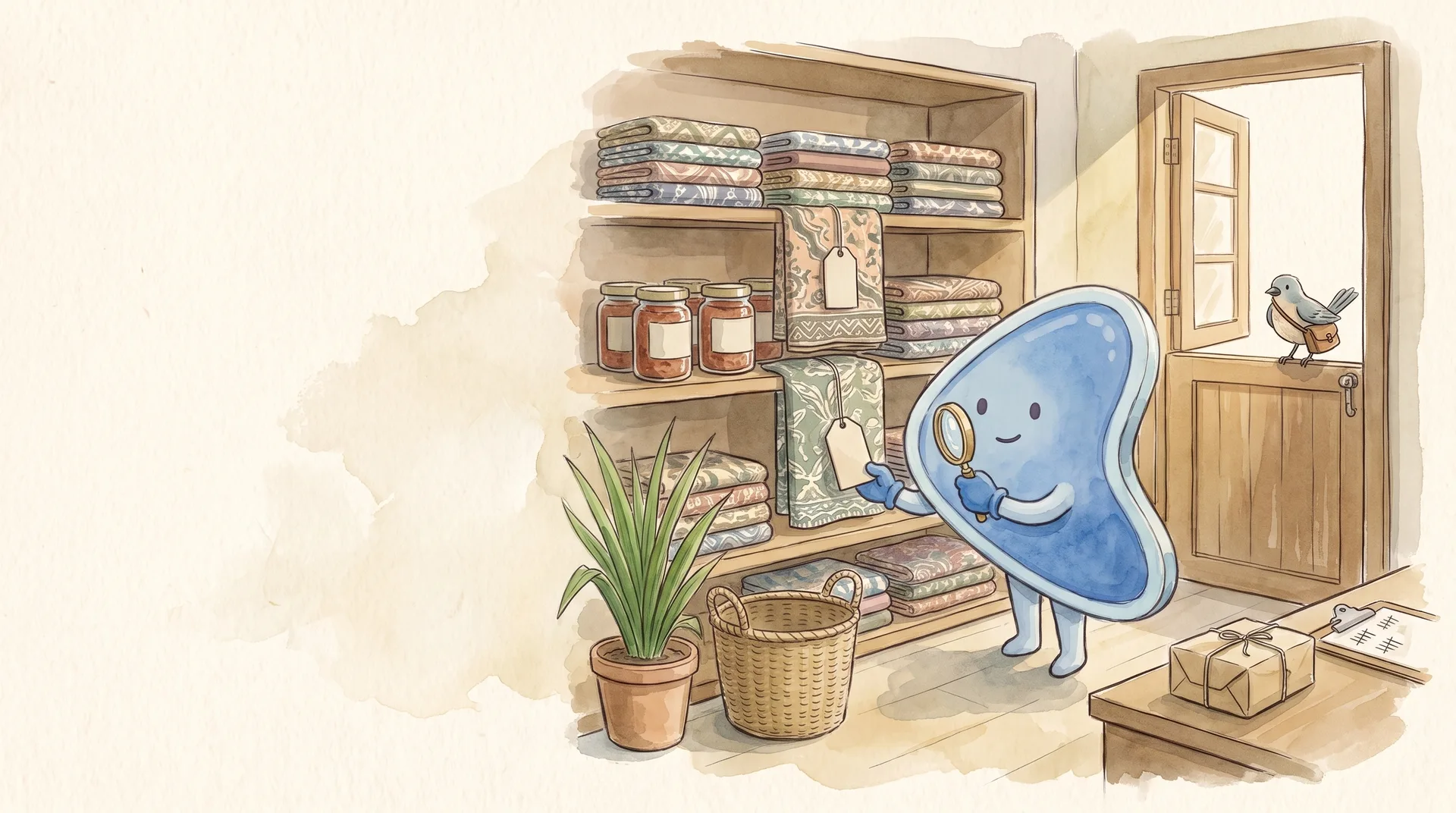 Watercolour illustration: EasyFound's blue mascot, Arrow, holds a magnifying glass up to a blank product tag on a shelf of folded batik scarves and jars of sambal in a small Malaysian shop, while a messenger bird with a satchel waits on the half-open door.