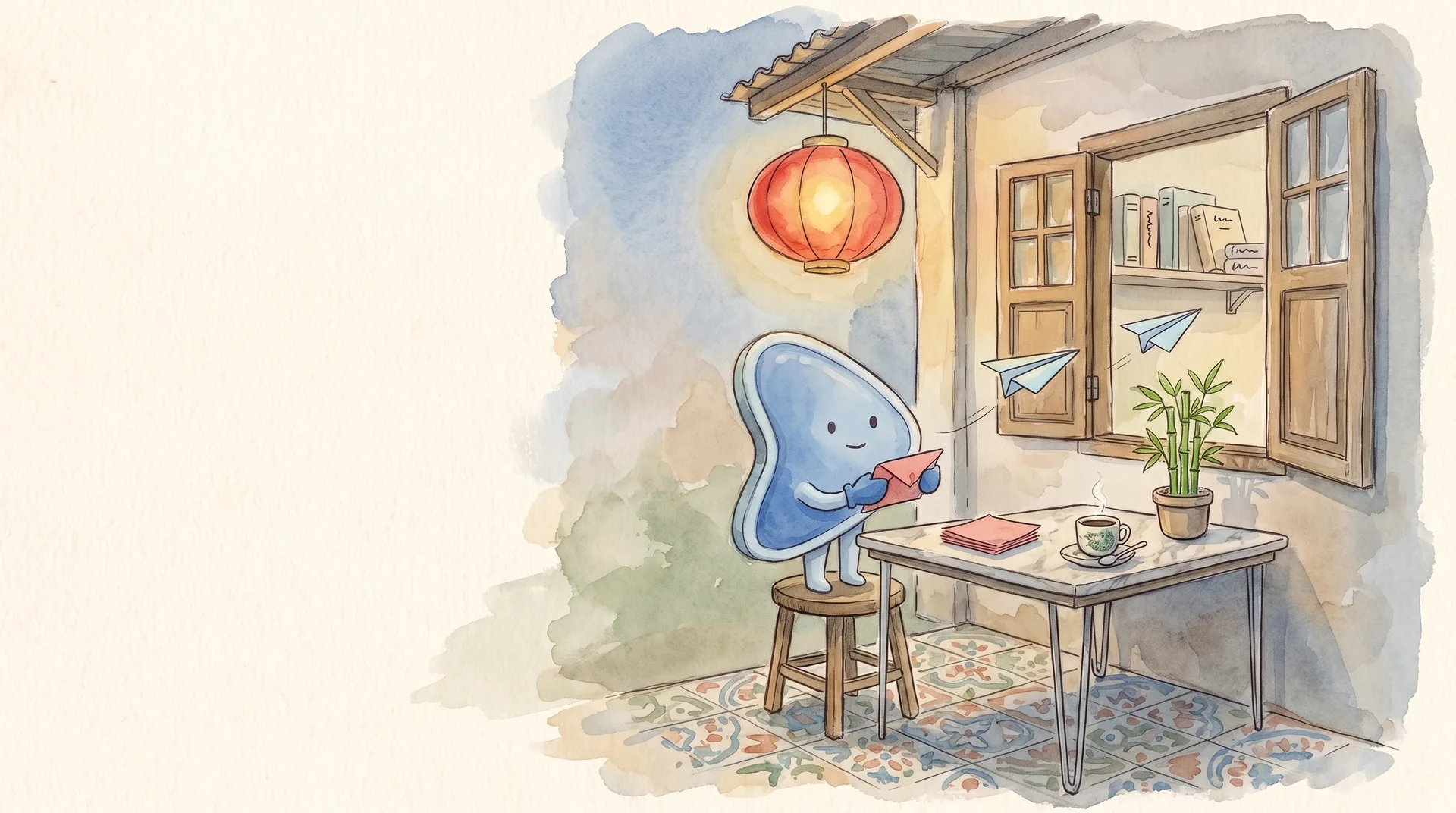 Watercolour illustration: EasyFound's blue mascot, Arrow, stands on a wooden stool under a red paper lantern in an old shophouse five-foot way, holding a red paper note, while two pale-blue paper planes fly from a marble kopitiam table towards an open shuttered window with a bookshelf inside.