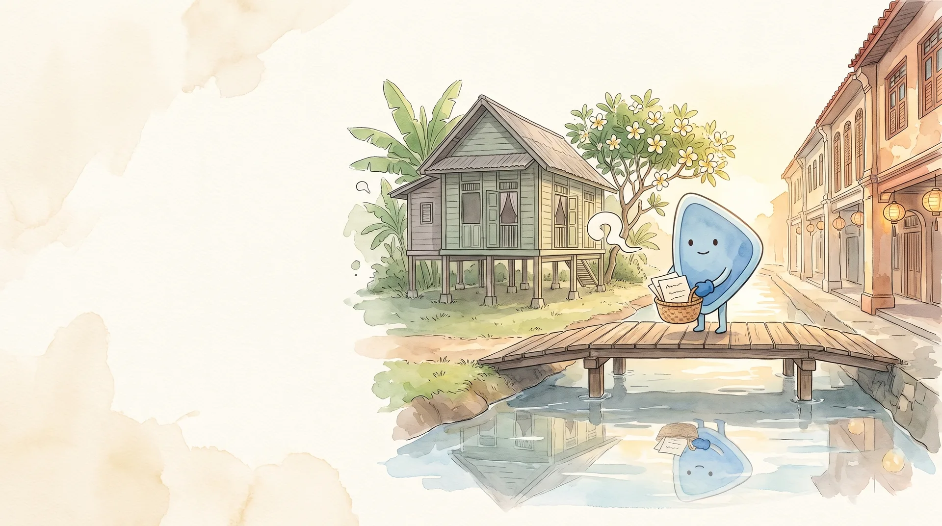 Watercolour illustration: EasyFound's blue mascot, Arrow, crosses a small wooden footbridge over a calm river between a Malay kampung house on stilts and a row of old shophouses, carrying a rattan basket of folded paper notes.