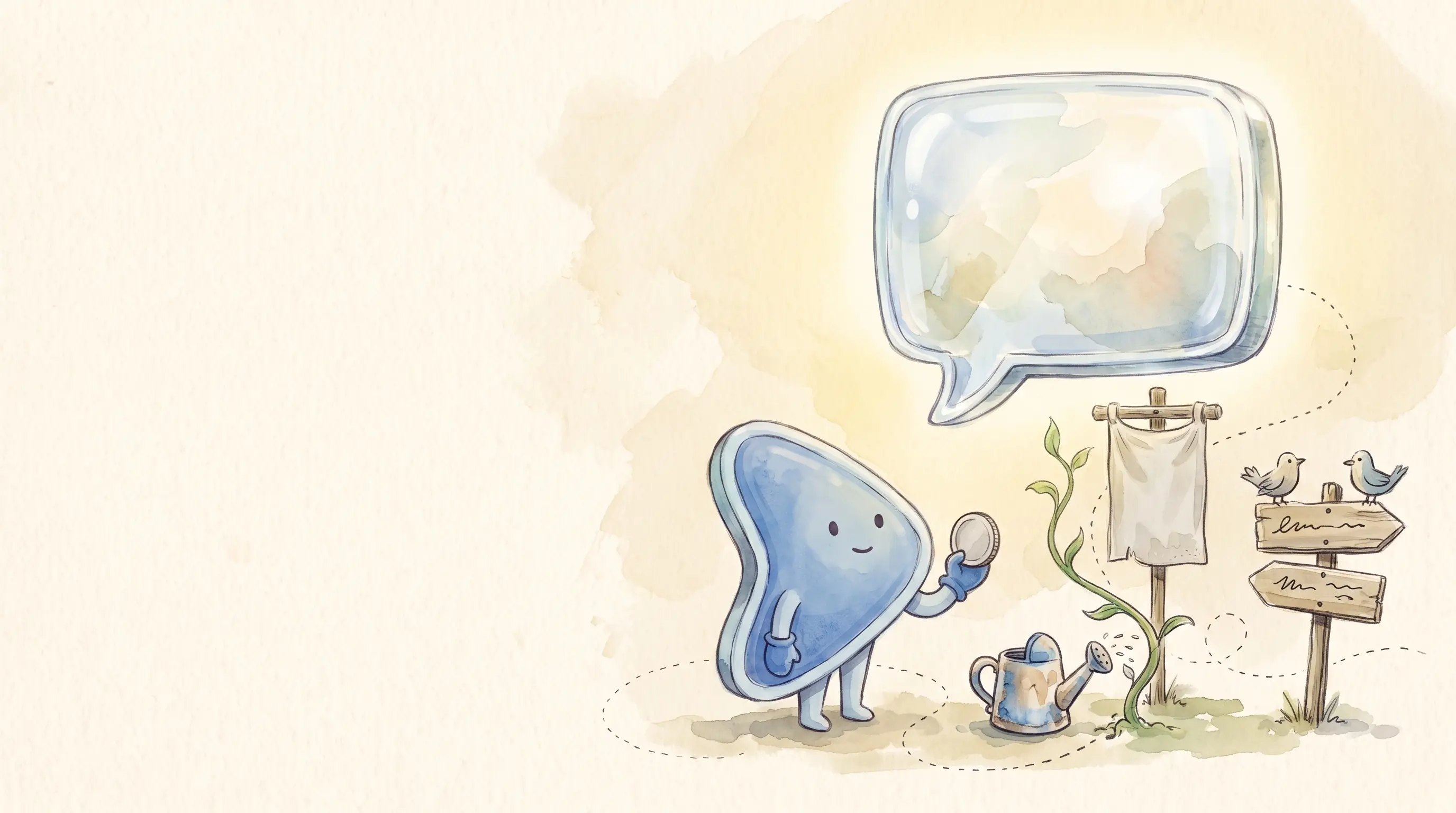 Watercolour illustration: EasyFound's blue mascot, Arrow, holds up a coin beneath a glowing speech bubble behind glass, beside a small blank banner on a post and a watering can tending a plant that grows toward the bubble.