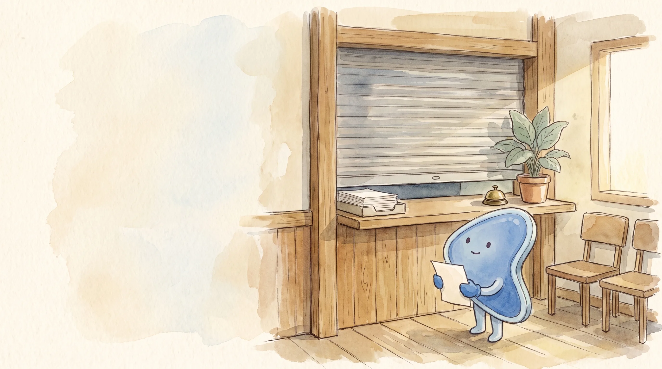 Watercolour illustration: EasyFound's blue mascot, Arrow, stands at a wooden office counter holding a blank form and looking up at a closed service window with its shutter down, beside a tray of blank papers and a potted plant.