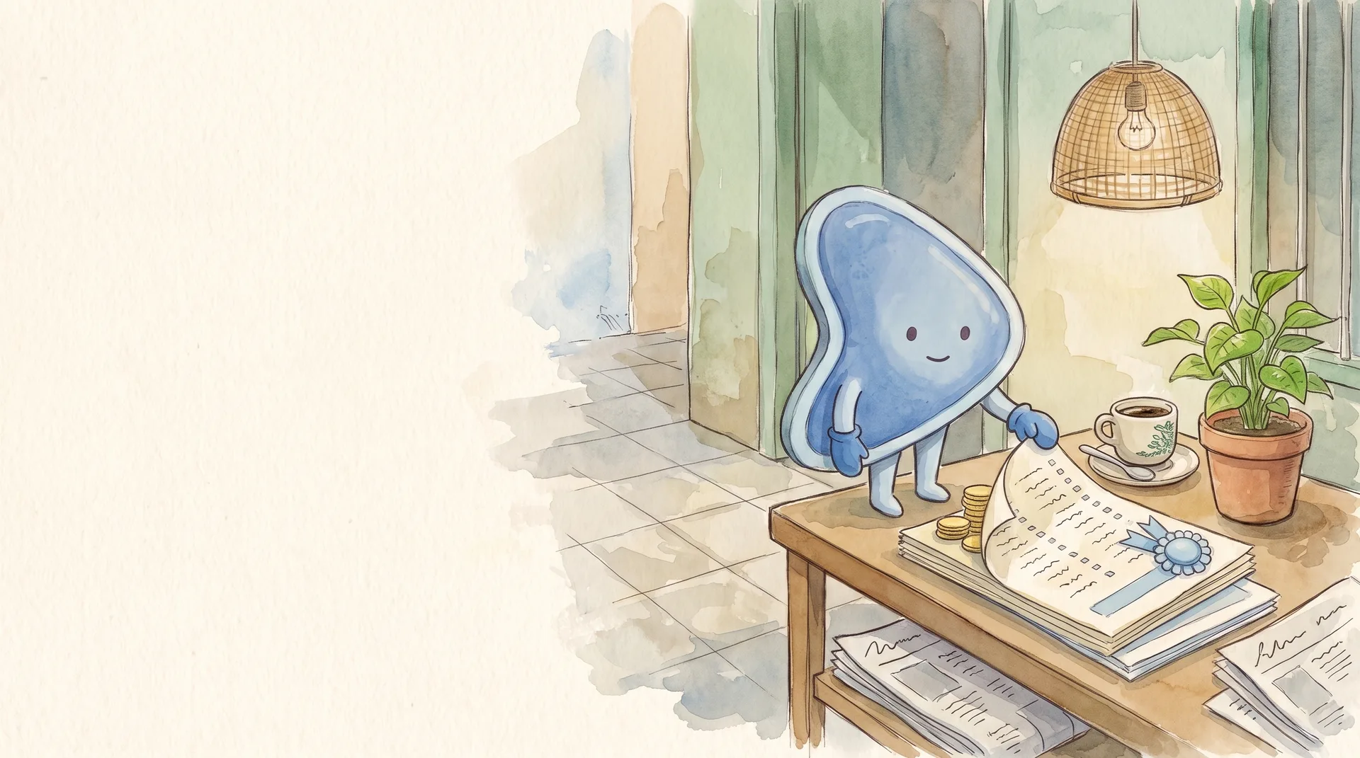 Watercolour illustration: EasyFound's blue mascot, Arrow, a small leaning guitar-pick-shaped character, lifts the corner of a stack of blank list sheets topped with a blue first-place rosette on a Malaysian newsstand table, and finds a small pile of gold coins hidden underneath.