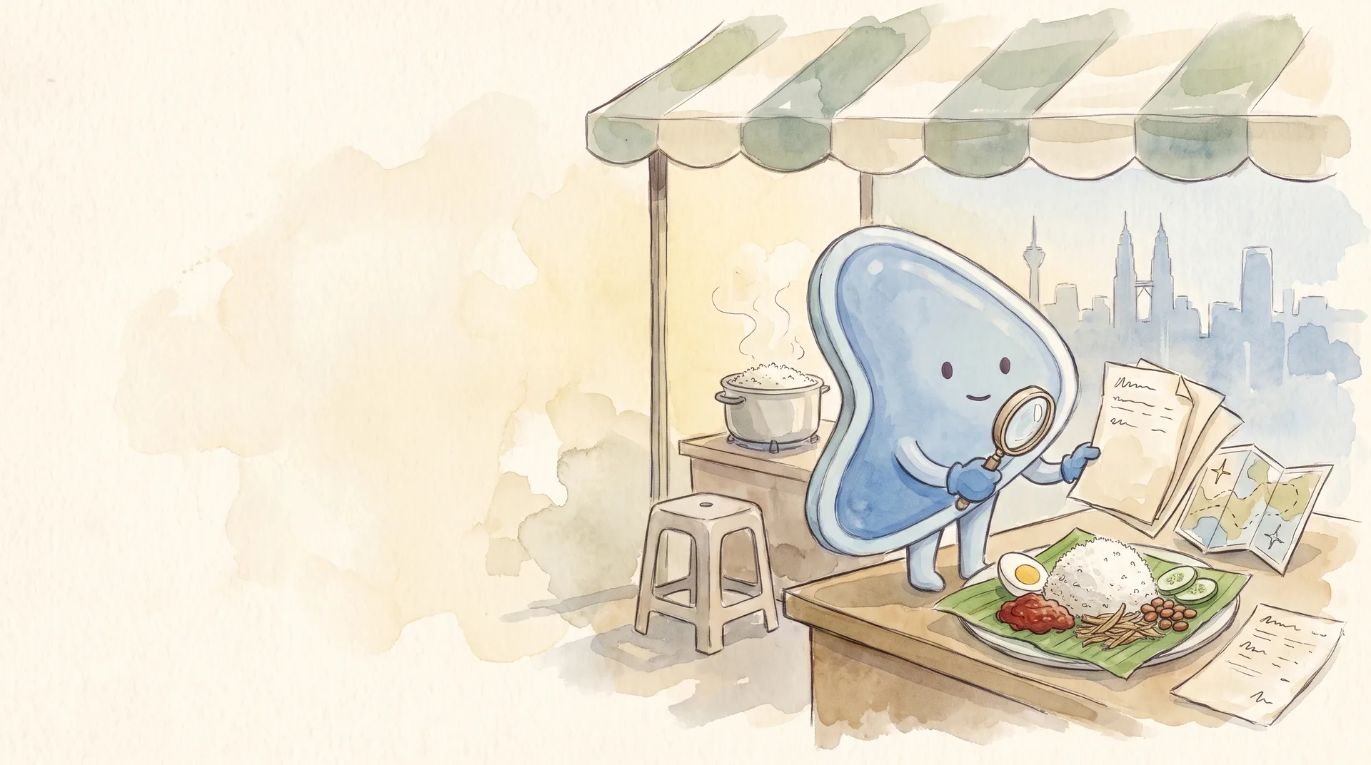 Watercolour illustration: EasyFound's blue mascot, Arrow, stands on a roadside nasi lemak stall counter in Kuala Lumpur, studying blank pages and a paper map through a magnifying glass beside a banana-leaf plate of nasi lemak with sambal, egg, anchovies and peanuts, with the city skyline behind.