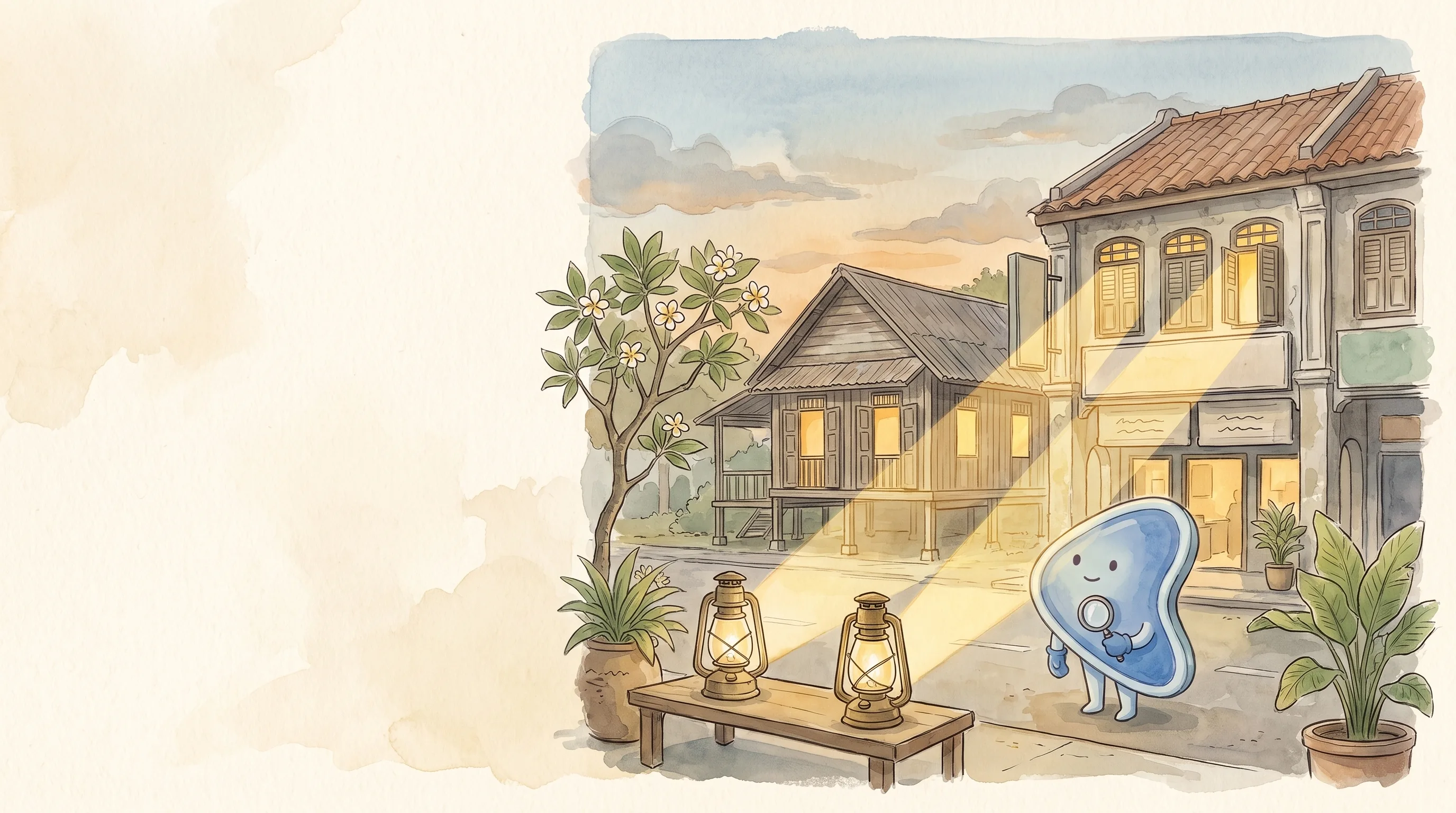 Watercolour illustration: EasyFound's blue mascot, Arrow, stands on a Malaysian street at dusk holding a magnifying glass, beside two brass lanterns on a wooden bench whose beams of light reach across a Malay kampung house to an old shophouse.