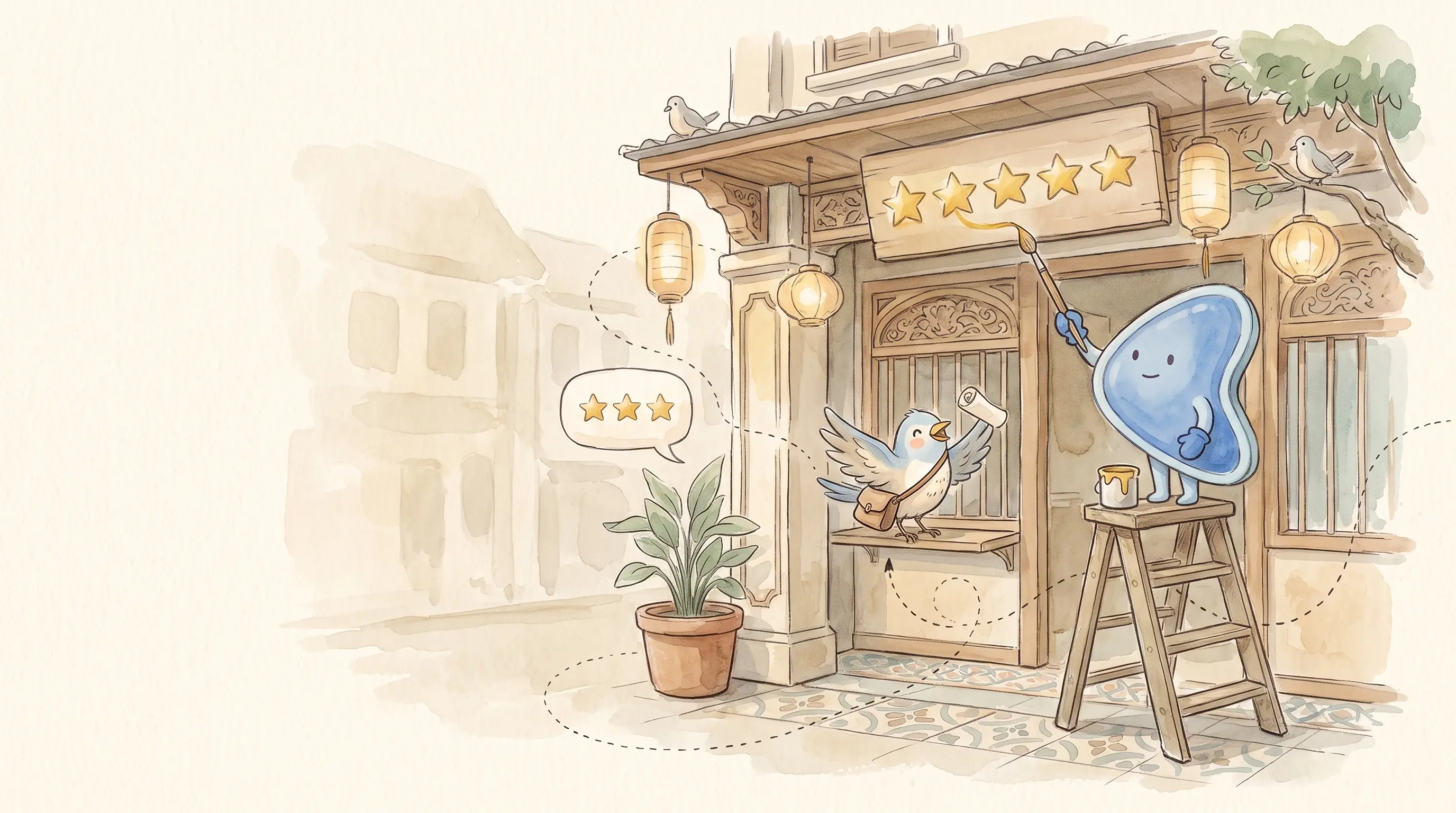 Watercolour illustration: EasyFound's blue mascot, Arrow, stands on a ladder painting five gold stars on the sign of a Malaysian shophouse, while a messenger bird with a satchel waits by the window and a speech bubble with stars floats beside a plant.