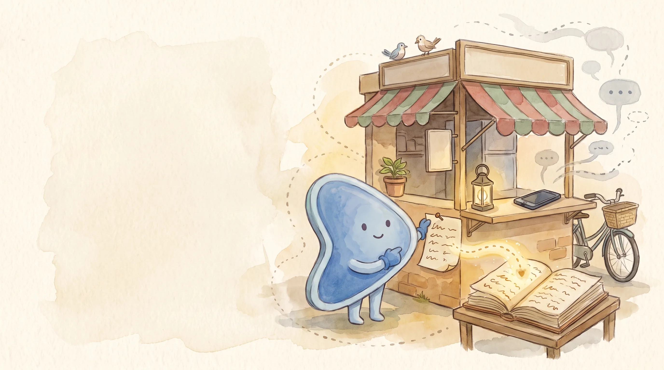 Watercolour illustration: EasyFound's blue mascot, Arrow, pins a simple hand-drawn paper page to the front of a small Malaysian street stall, and a beam of light carries it into an open book, while a smartphone lies face-down and unlit on the counter.