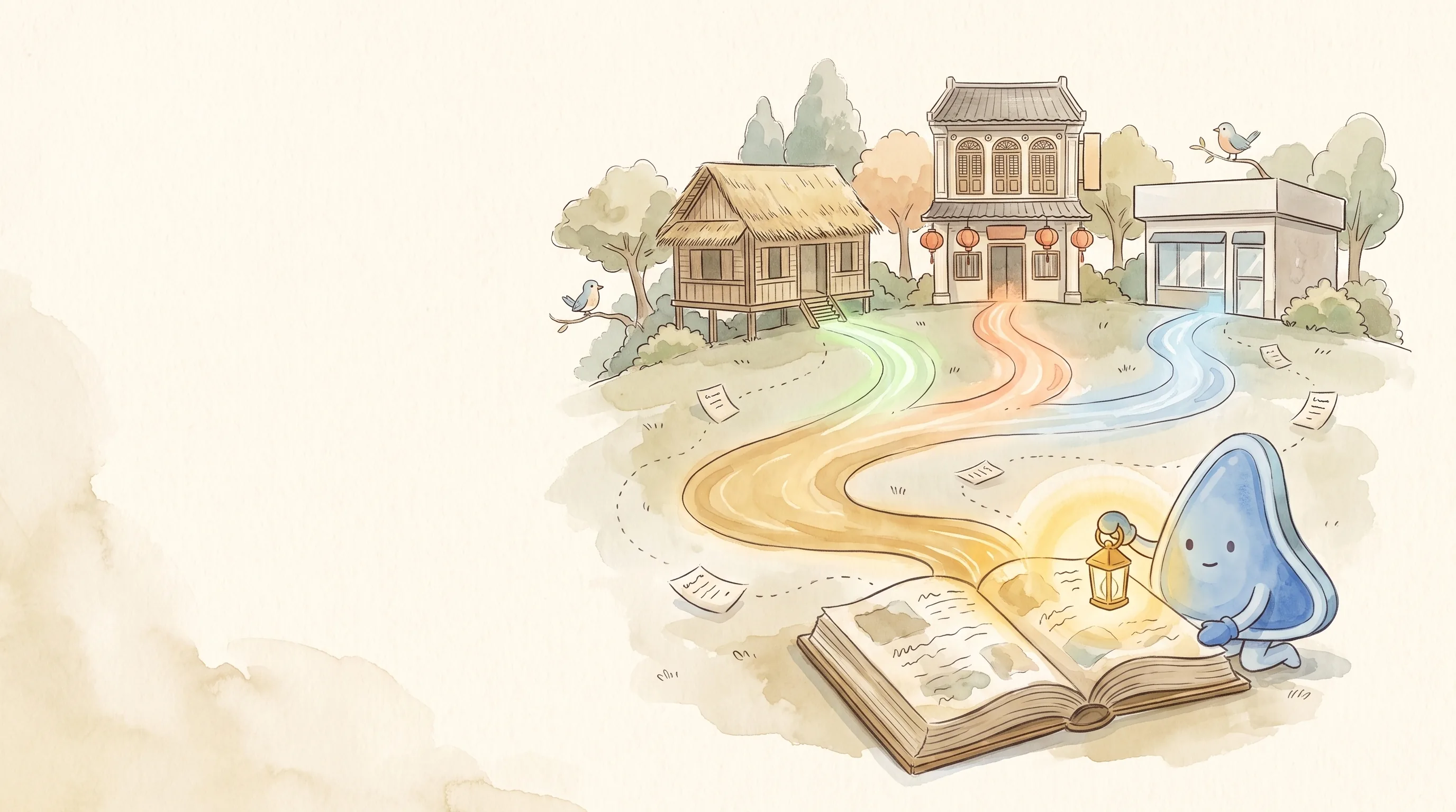 Watercolour illustration: a Malay kampung house, a Chinese shophouse and a modern shop each send a stream of light downhill; the three streams merge into one golden river that flows into a single open book, where EasyFound's blue mascot, Arrow, reads by lantern light.
