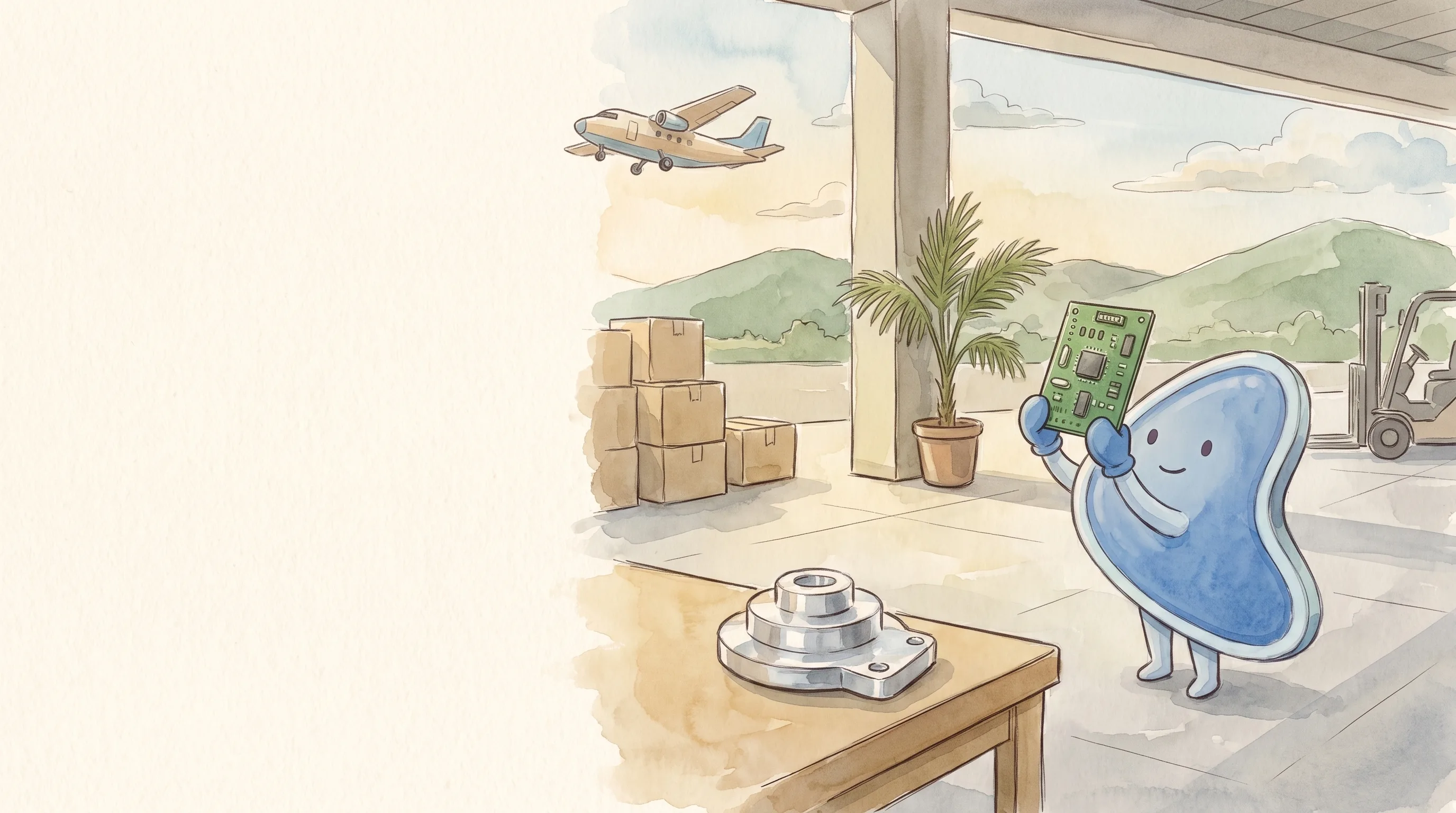 Watercolour illustration: EasyFound's mascot Arrow, a leaning blue guitar-pick-shaped character, stands in the open loading bay of a factory holding up a green circuit board towards a small plane in the sky, with a machined metal part on a workbench, stacked cartons, a potted palm and a forklift behind.