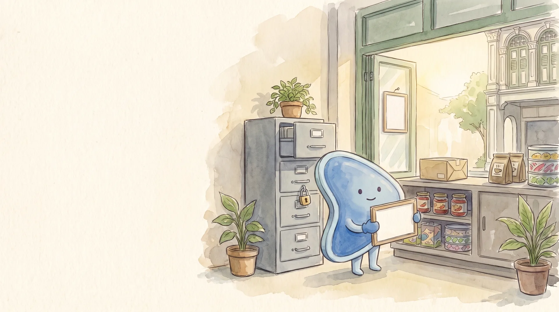 Watercolour illustration: EasyFound's blue mascot, Arrow, a small leaning guitar-pick-shaped character, carries a blank framed certificate away from a padlocked grey filing cabinet towards a Malaysian shop counter of sambal jars, coffee packets and kuih tins, where a matching blank frame already hangs in the window.