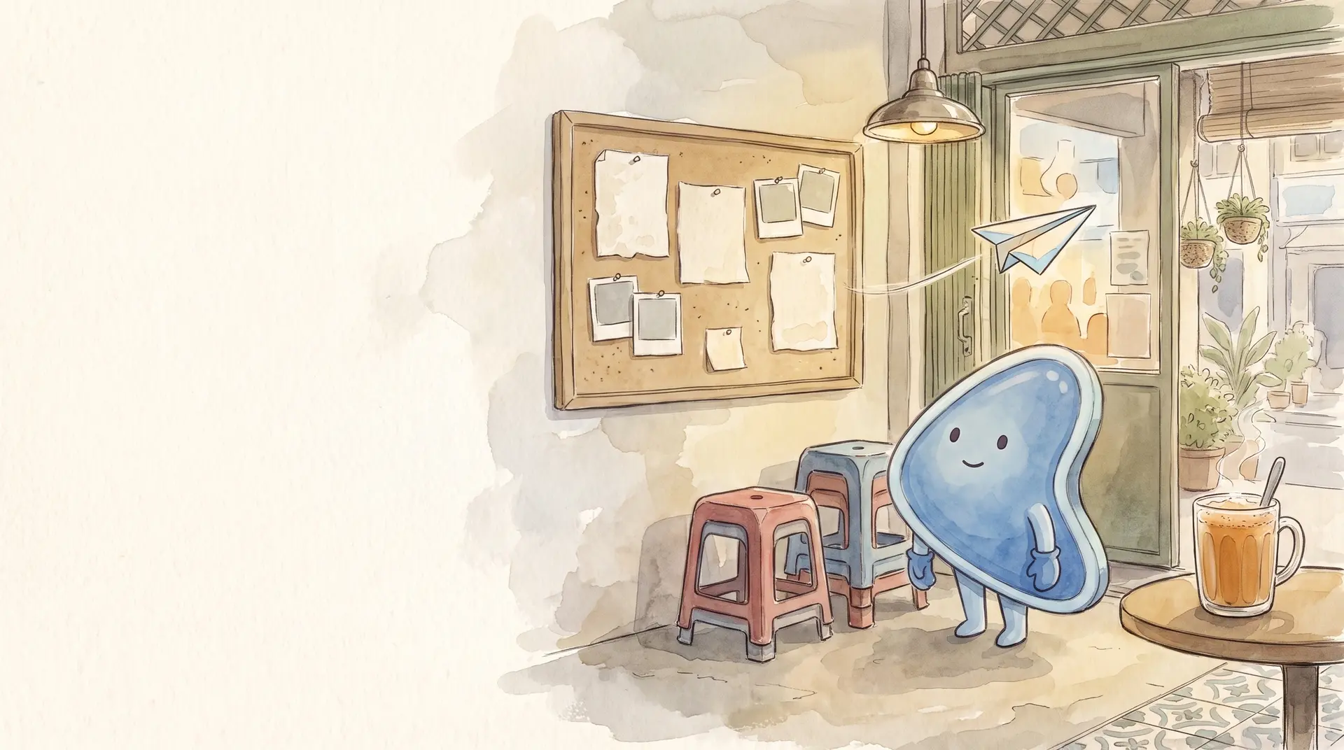 Watercolour illustration: EasyFound's blue mascot, Arrow, stands in a kopitiam beside a corkboard of blank pinned notes, watching a paper plane fly past it towards the shop door.