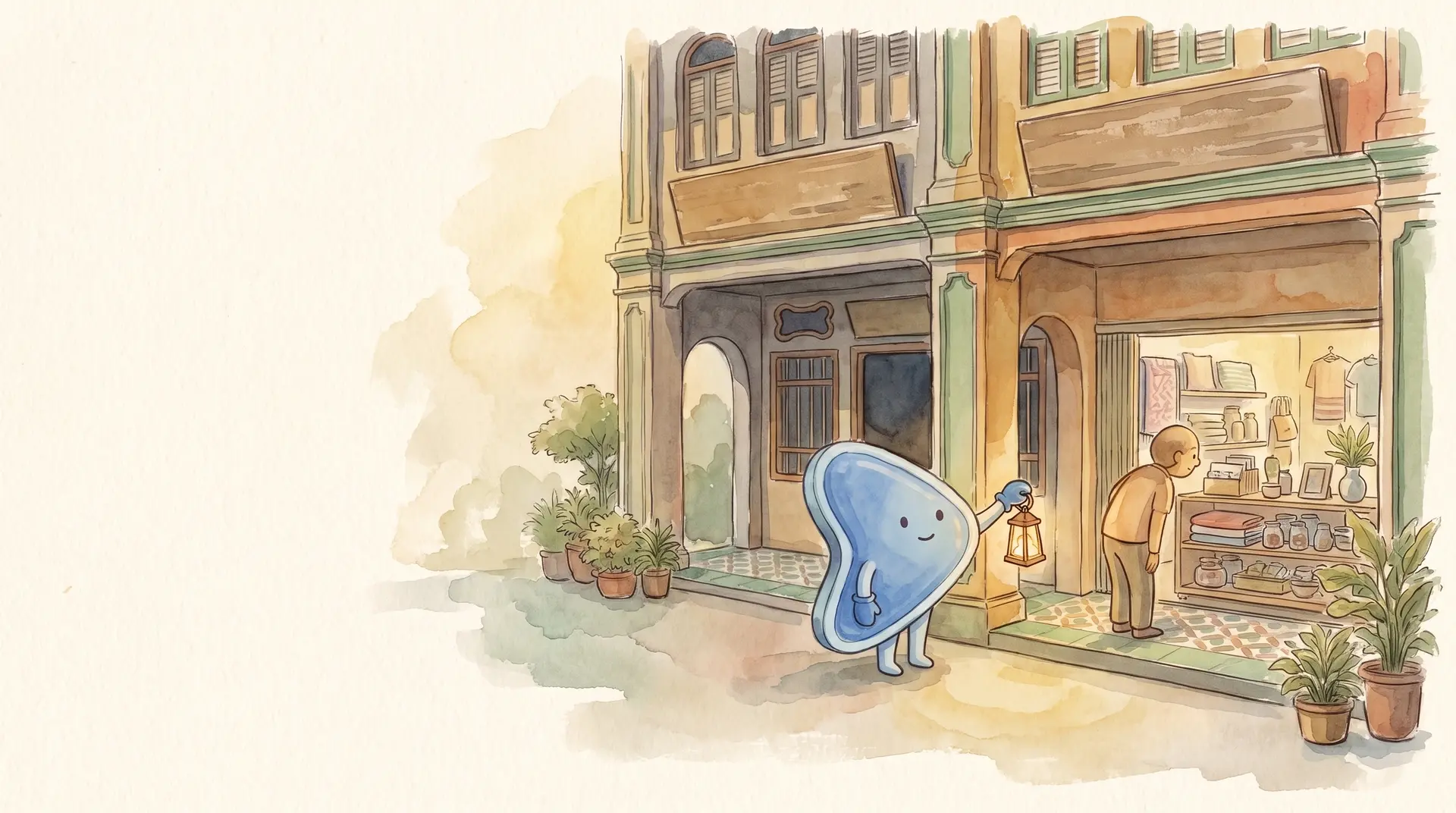 Watercolour illustration: EasyFound's blue mascot, Arrow, stands between two Malaysian shophouses with matching blank signboards, holding a lantern towards one open window display as a passer-by leans in to look.