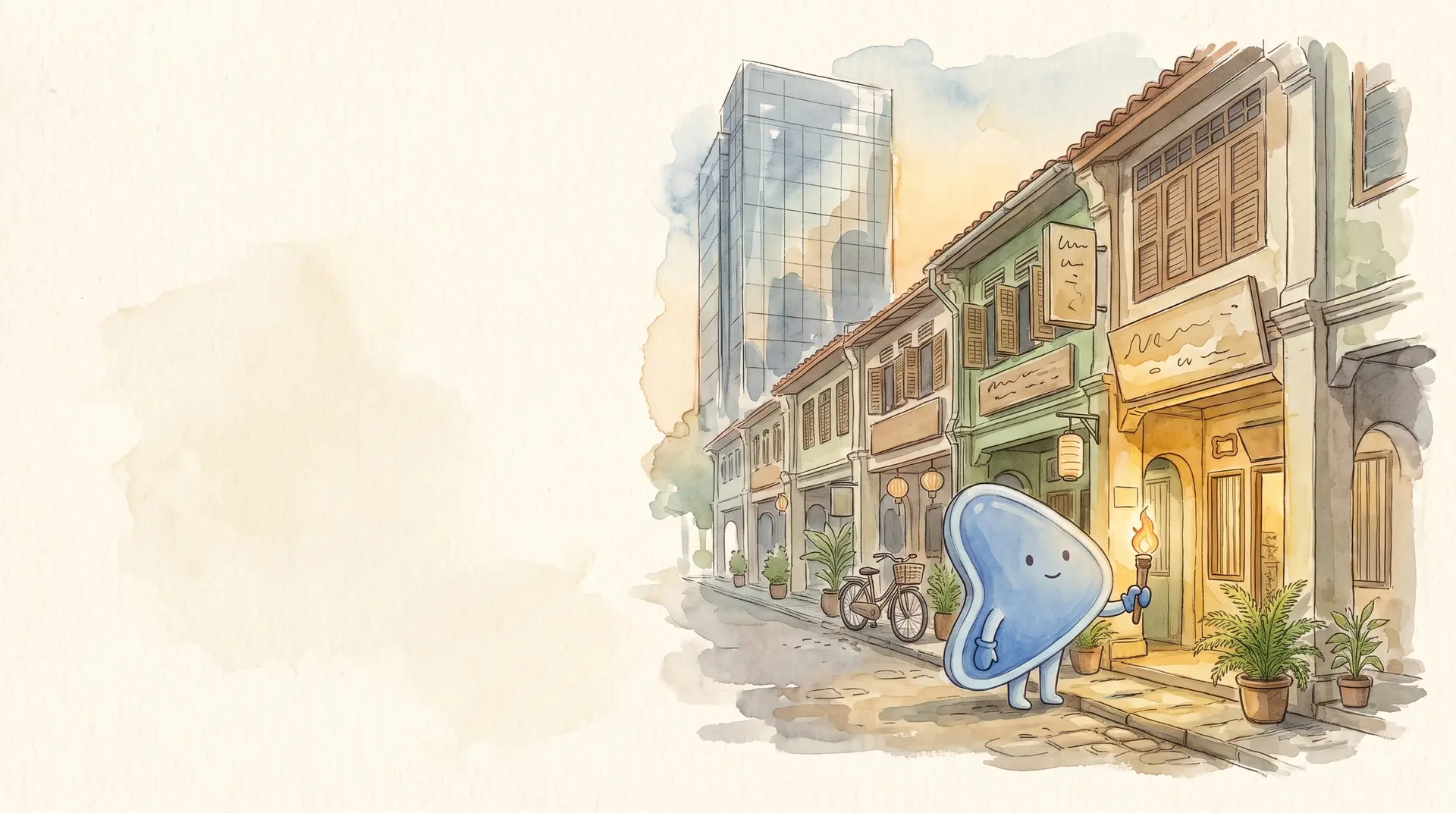 Watercolour illustration: EasyFound's blue mascot, Arrow, stands on a five-foot way of small Malaysian shophouses holding up a torch to light one shopfront, with a tall glass office tower at the end of the street.