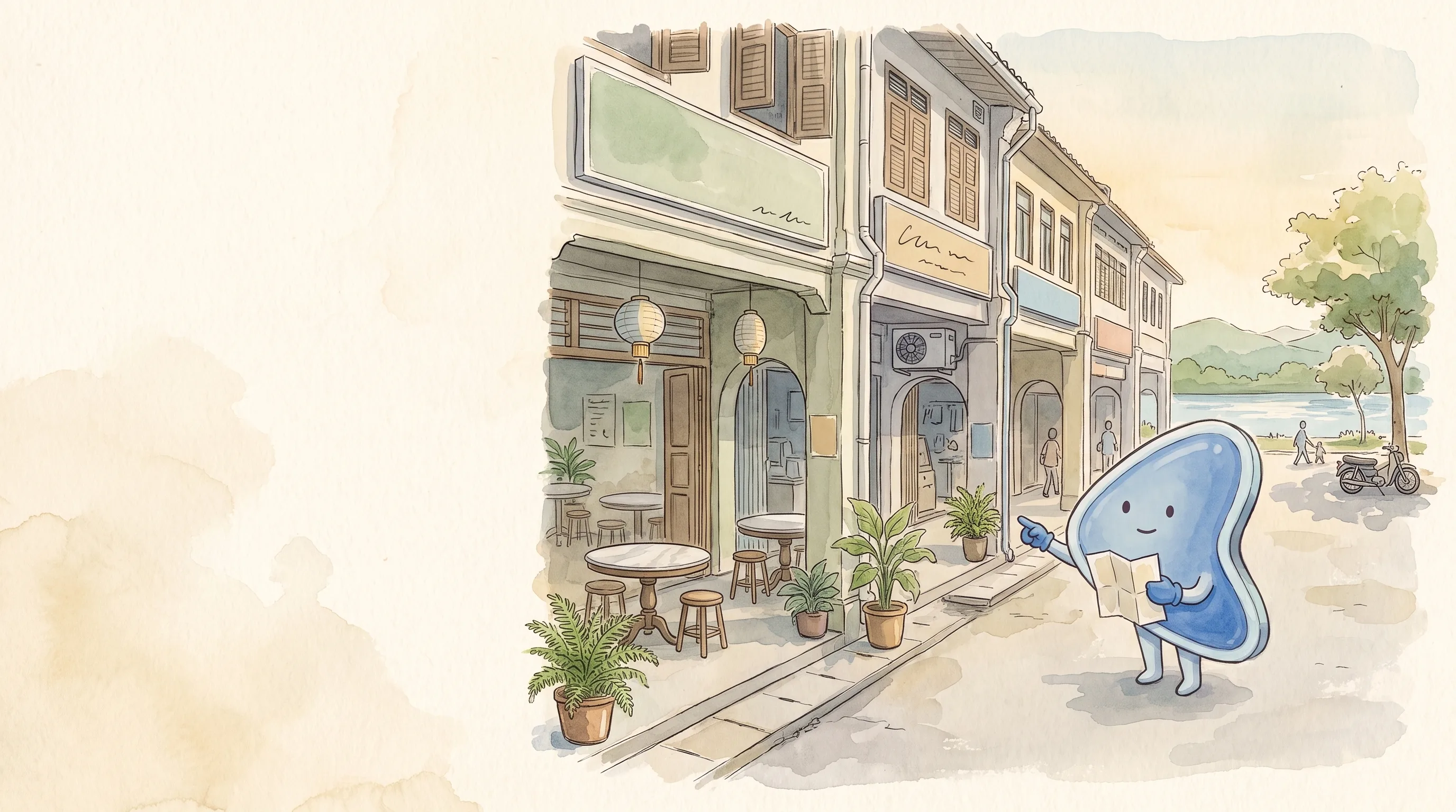 Watercolour illustration: EasyFound's blue mascot, Arrow, stands on the five-foot-way of an old shophouse row in a Borneo town, holding a small map and pointing at a kopitiam and an aircon repair shop.