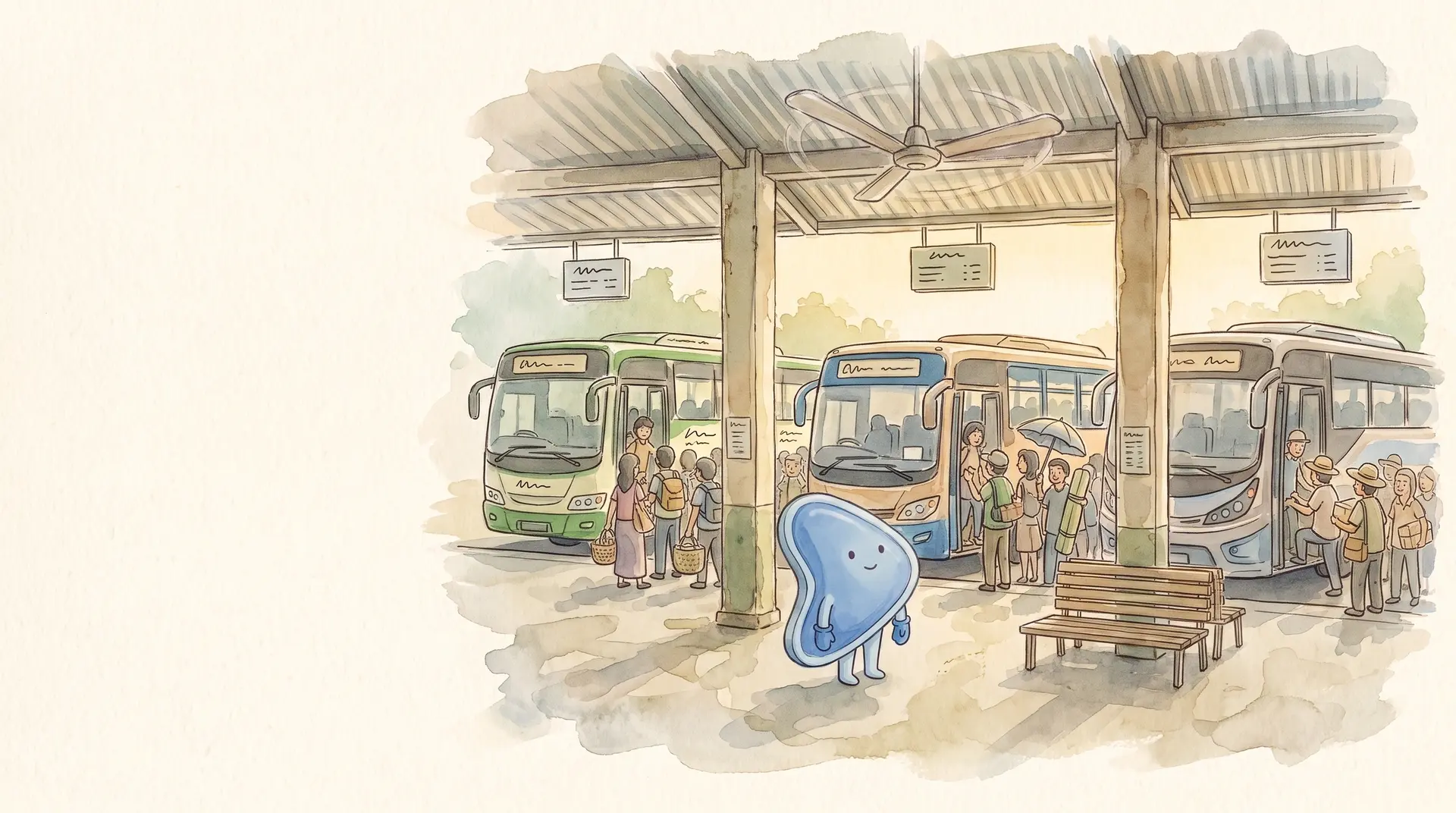 Watercolour illustration: EasyFound's blue mascot, Arrow, stands on the platform of a Malaysian bus station looking across three buses, each boarding a different small crowd.