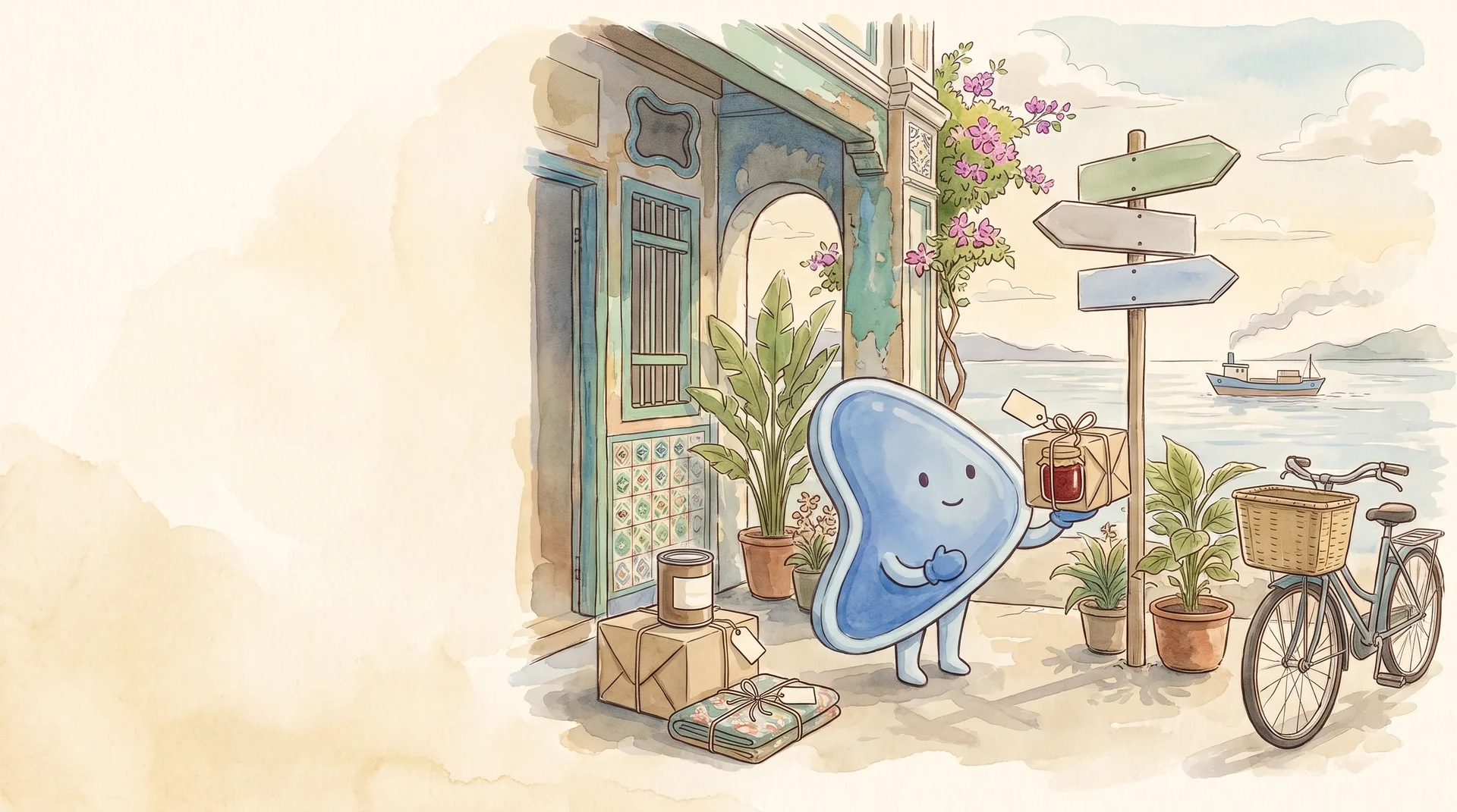 Watercolour illustration: EasyFound's blue mascot, Arrow, stands outside a Malaysian shophouse holding up a tagged parcel with a jar inside towards a wooden signpost with three blank boards, with more parcels at its feet and a cargo boat crossing the sea behind.