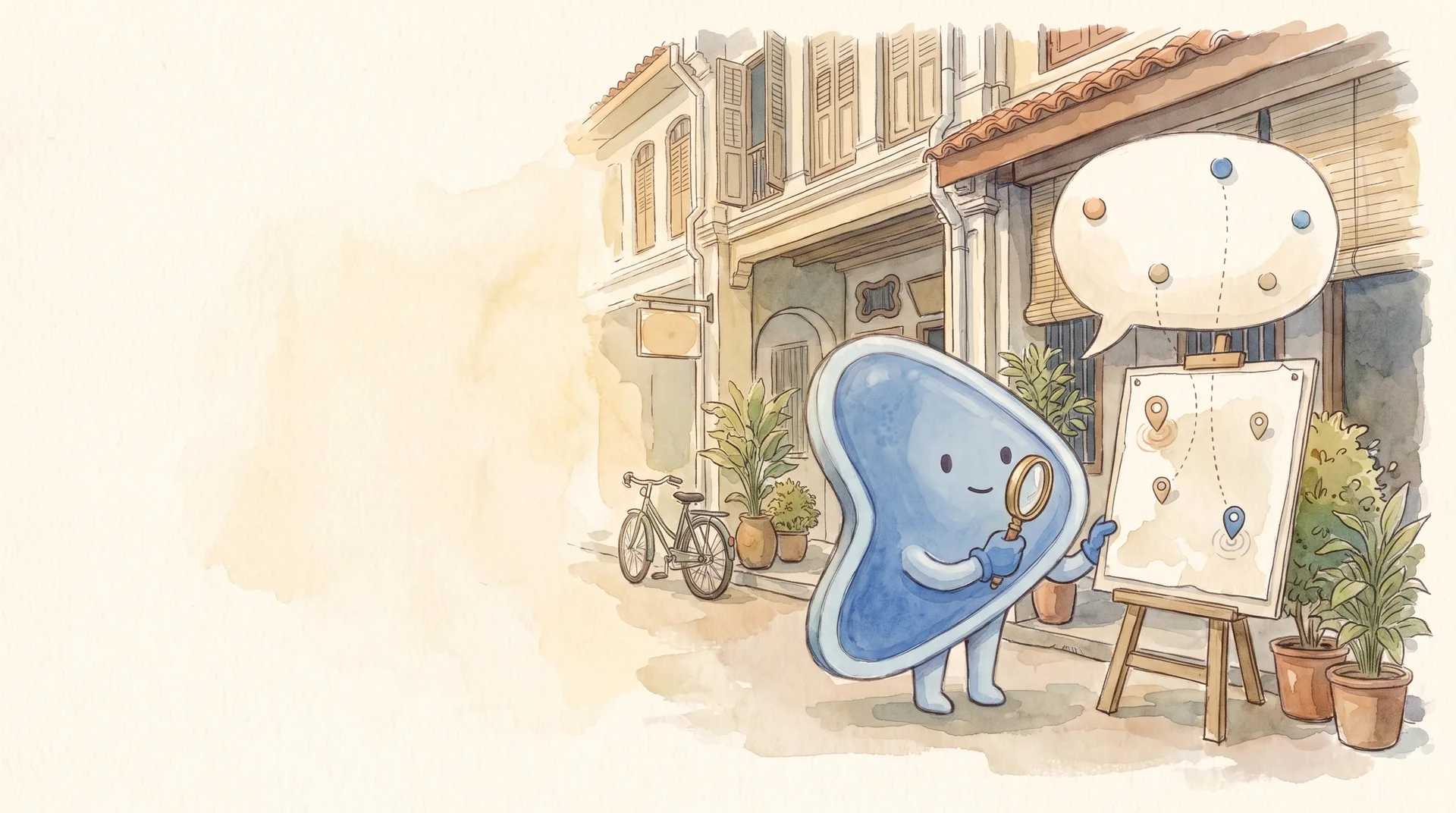 Watercolour illustration: EasyFound's blue mascot, Arrow, holds a magnifying glass on a Malaysian shophouse street, comparing location pins on a blank paper map with the few pins inside a large speech bubble beside it.