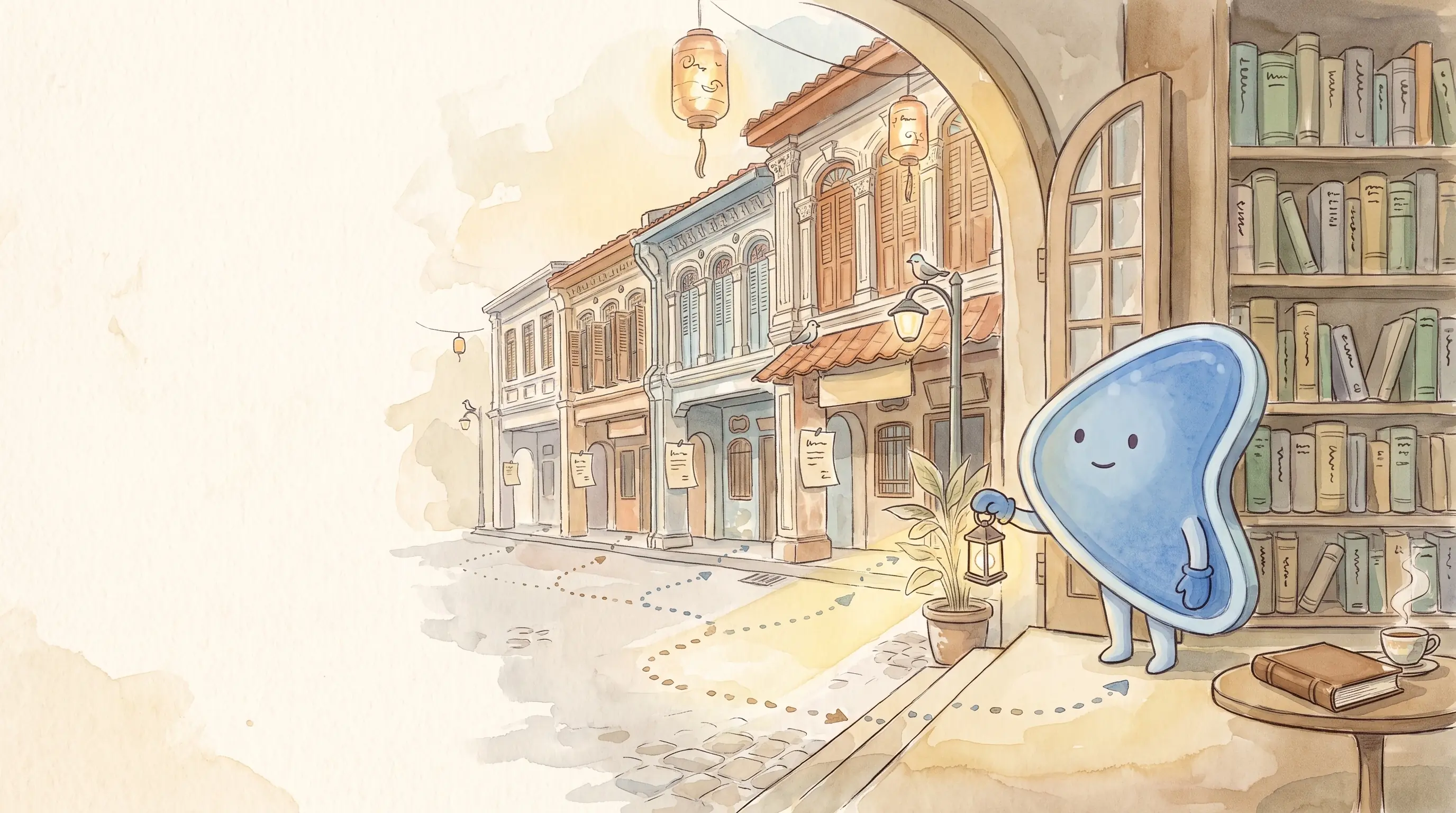 Watercolour illustration: EasyFound's blue mascot, Arrow, stands in the doorway of a cosy book-lined study holding a lantern, looking out at dotted paths leading along a Malaysian shophouse street where a paper page is pinned by each shop door.