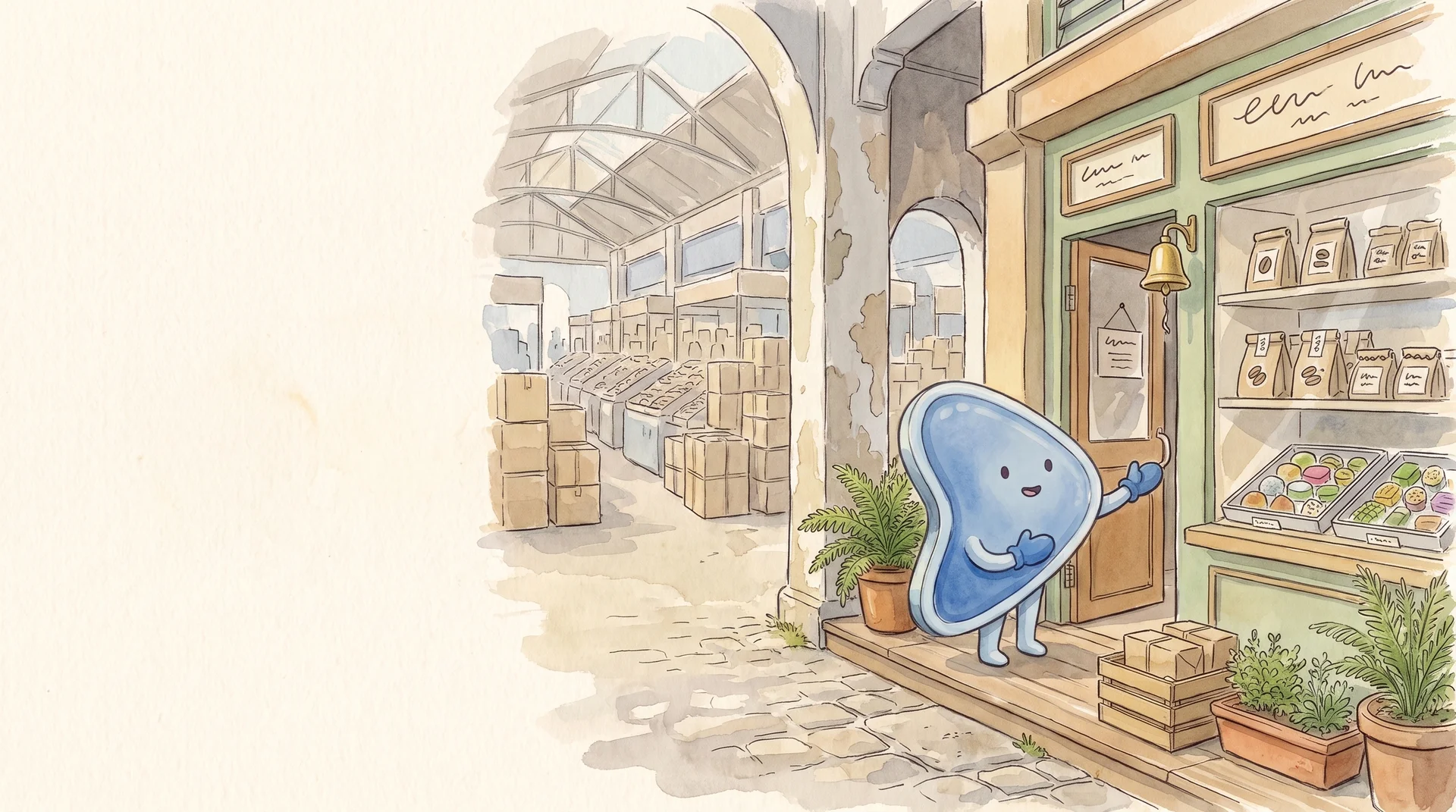 Watercolour illustration: EasyFound's blue mascot, Arrow, holds open the door of a small shop with trays of kuih and bags of coffee beans in the window, while a huge covered market hall stacked with parcels stretches away behind it.