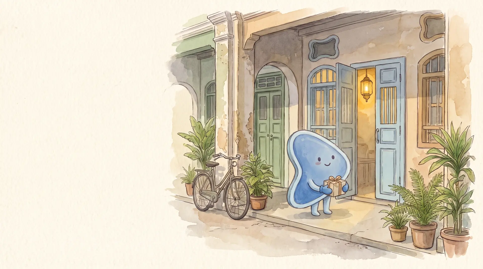 Watercolour illustration: EasyFound's blue mascot, Arrow, stands on a Penang five-foot way holding a small parcel beside a row of shophouse doors, one of them open with a lantern glowing inside.