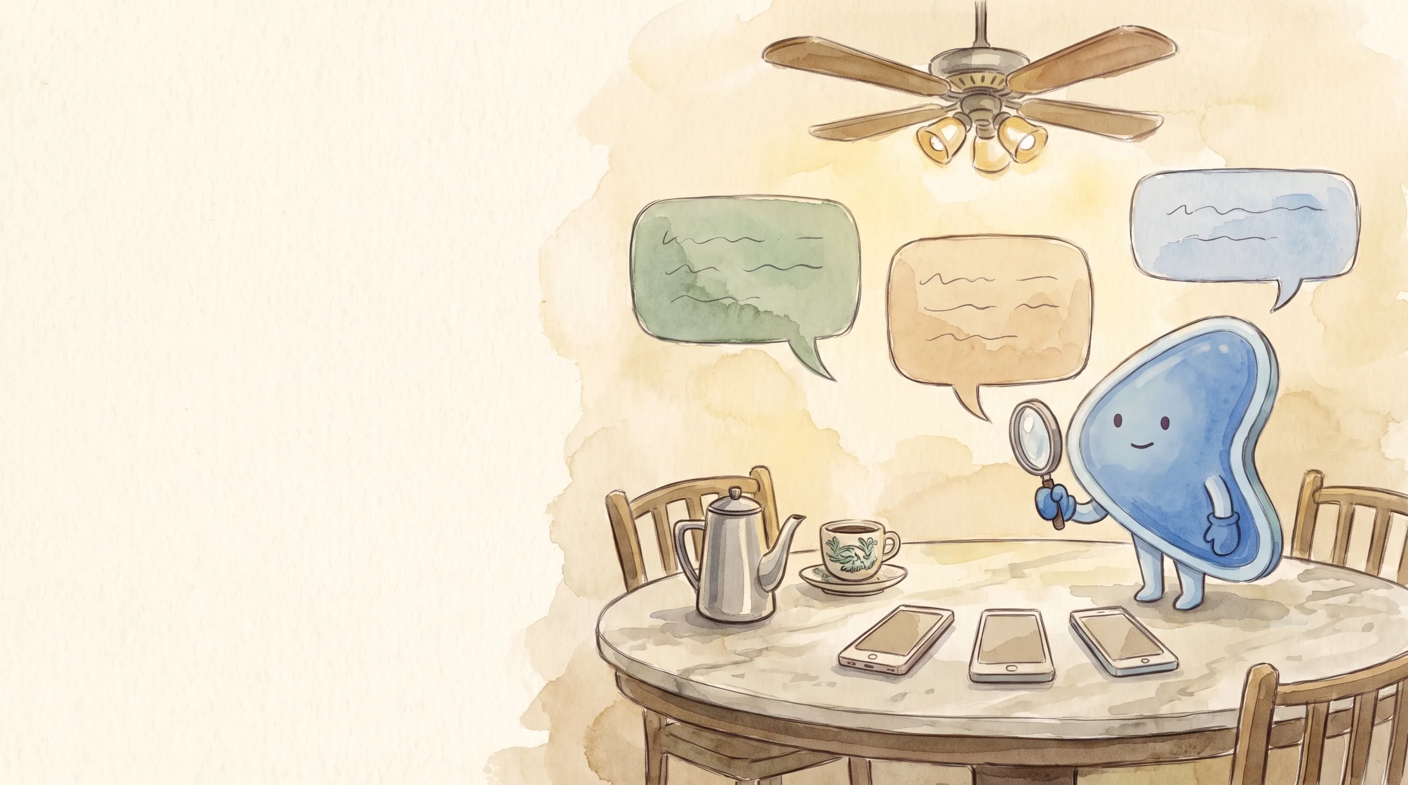 Watercolour illustration: EasyFound's blue mascot, Arrow, stands on a kopitiam table holding a magnifying glass up to three blank speech bubbles in green, sand and blue, floating above three phones.