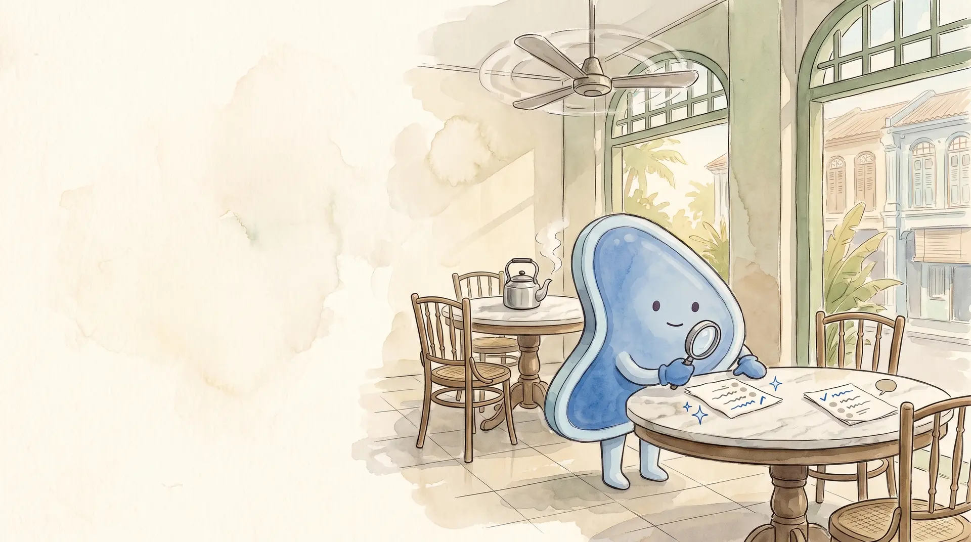 Watercolour illustration: EasyFound's blue mascot, Arrow, stands in a Kuala Lumpur kopitiam holding a magnifying glass over two short handwritten lists on a marble table, one marked with a sparkle and one with a speech bubble.