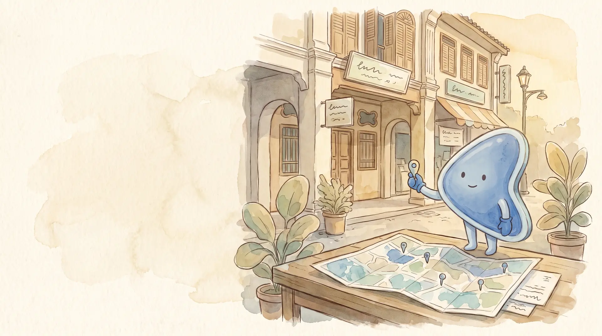 Watercolour illustration: EasyFound's blue mascot, Arrow, stands beside a paper street map with small pins on a table, holding up one pin towards a row of Malaysian shophouses.