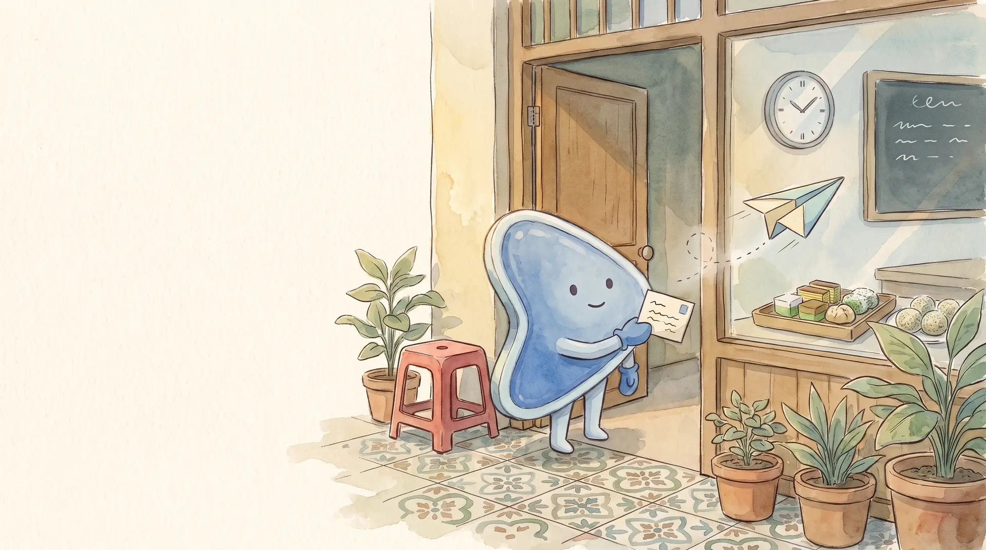 Watercolour illustration: EasyFound's blue mascot, Arrow, stands at the open door of a Malaysian shophouse holding out a welcome card, while a small paper plane flies straight past it into the shop, towards the kuih tray, clock and chalkboard inside.