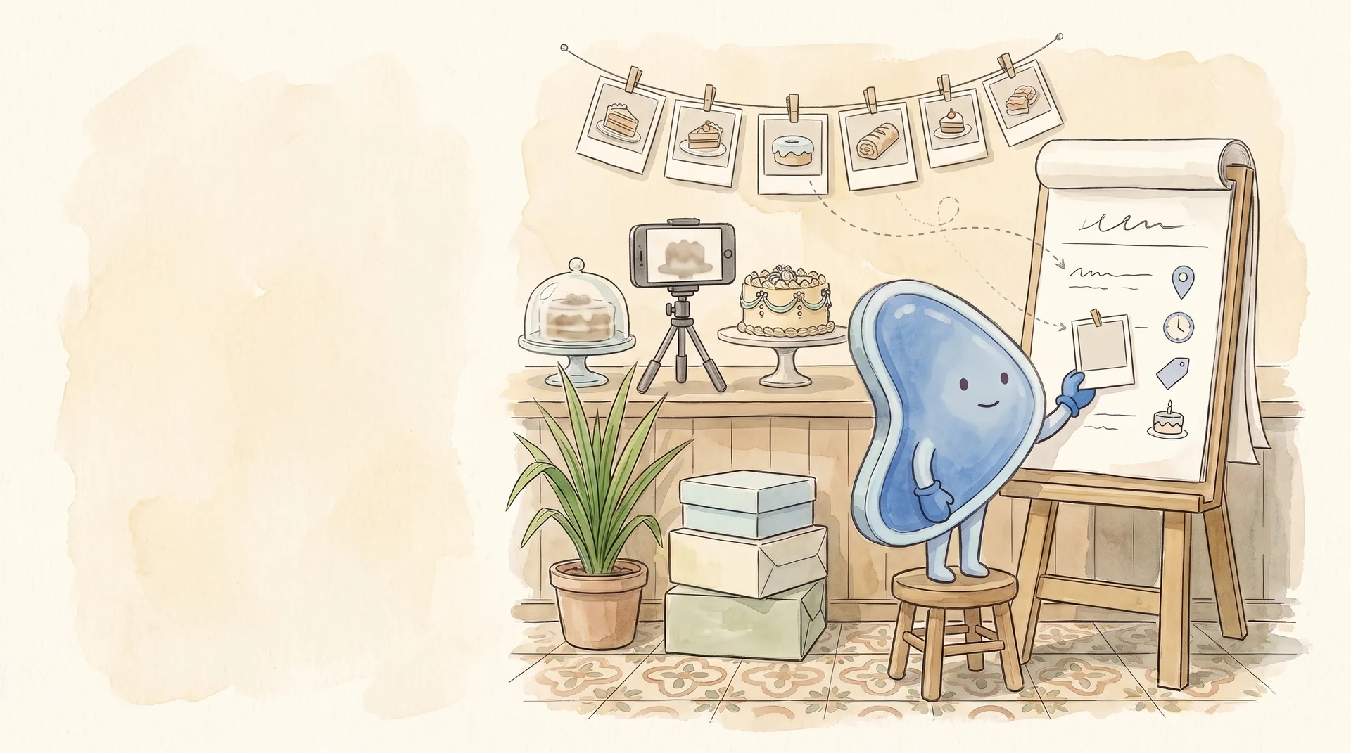 Watercolour illustration: EasyFound's blue mascot, Arrow, stands on a stool in a small home-bakery shop, pinning one cake photo from a line of pegged-up photos onto a large paper page on an easel, while a phone on a tripod films a birthday cake.