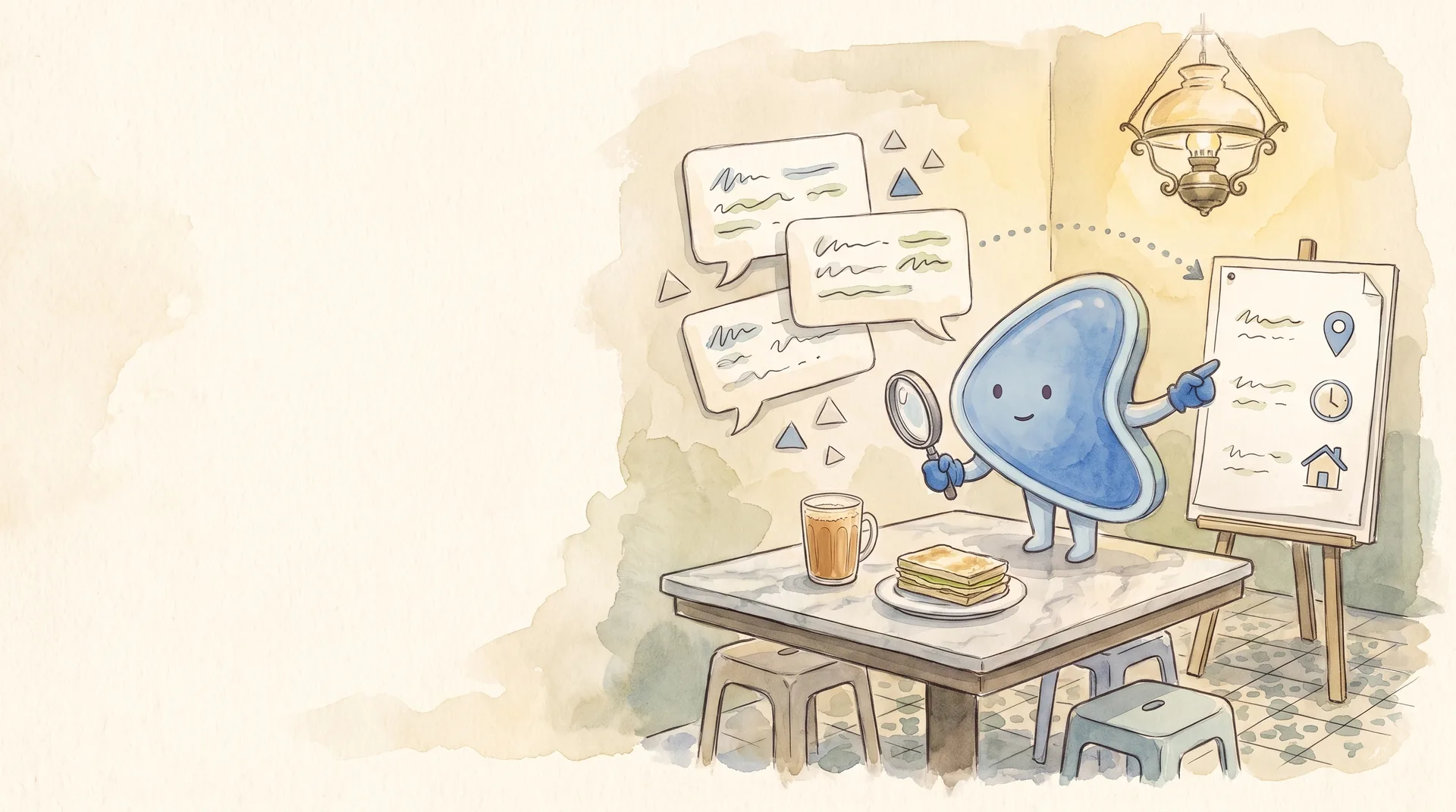 Watercolour illustration: EasyFound's blue mascot, Arrow, stands on a kopitiam table reading a cluster of floating paper chat bubbles through a magnifying glass, while pointing to a single clean page pinned on an easel beside the table.