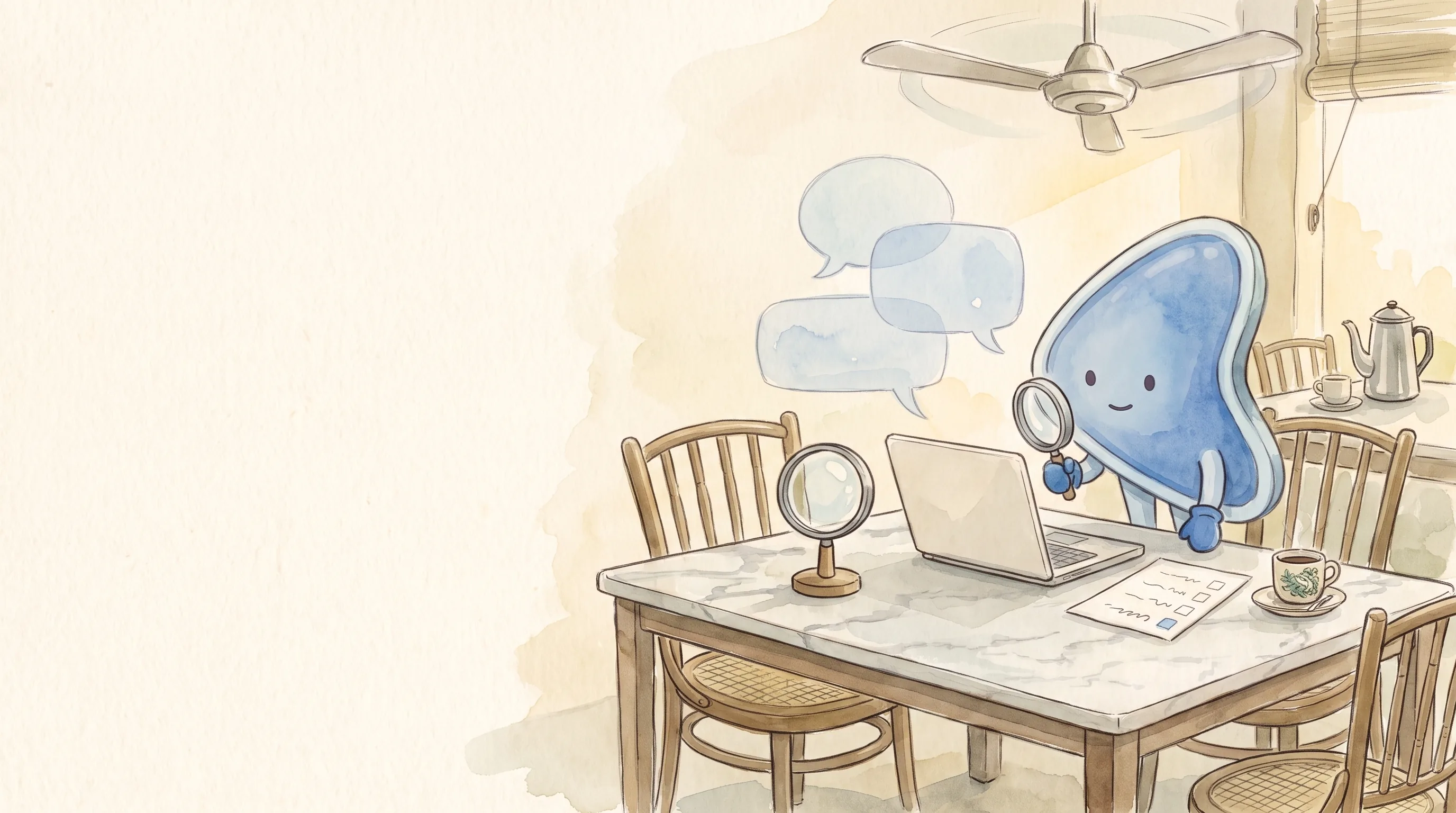 Watercolour illustration: EasyFound's blue mascot, Arrow, stands at a kopitiam table and looks through a magnifying glass at a small blank laptop, beside a second magnifying glass, a blank checklist and three empty speech bubbles.