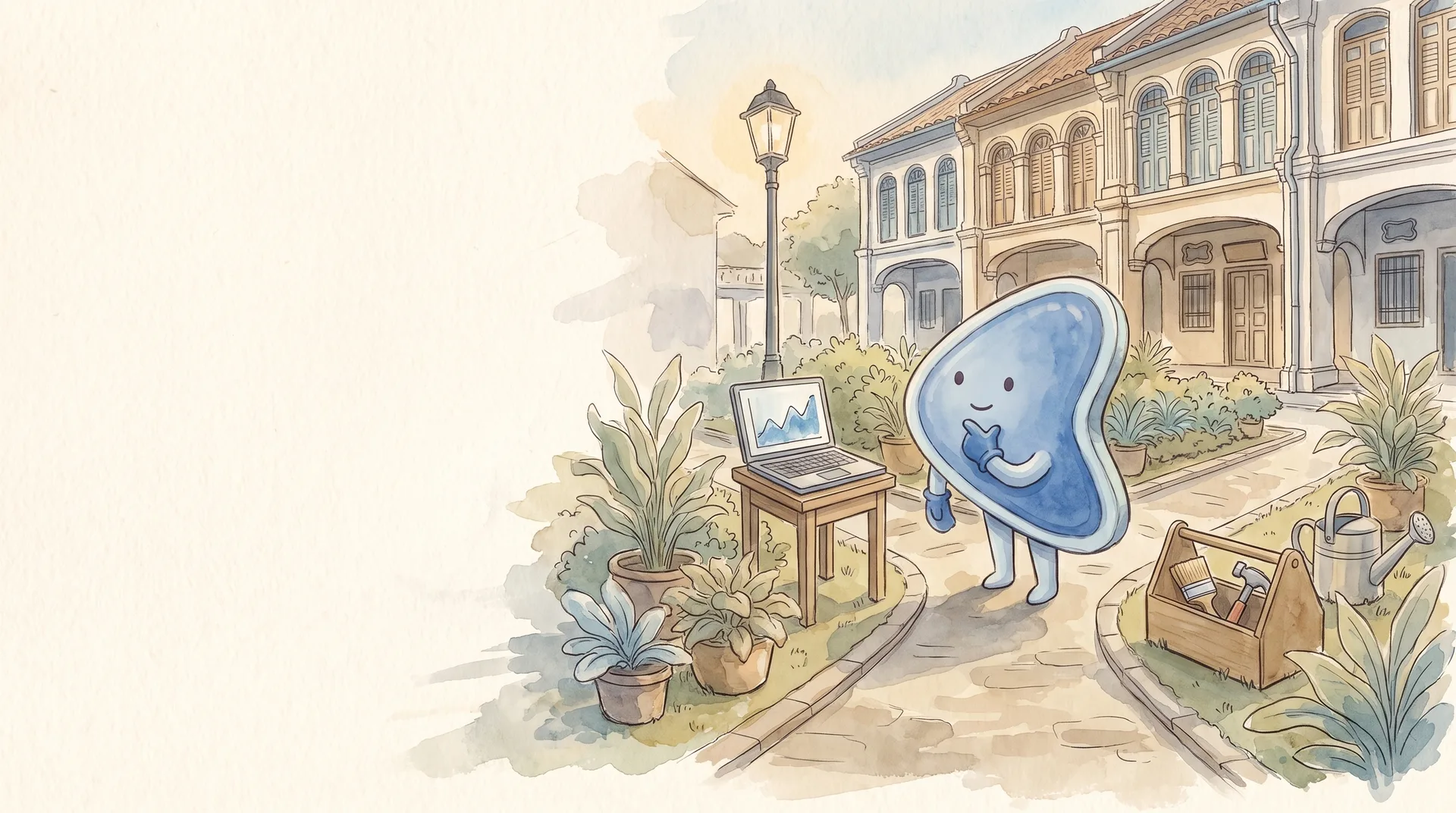 Watercolour illustration: EasyFound's blue mascot, Arrow, stands thinking at a fork in a garden path outside a row of Malaysian shophouses, between a laptop showing a simple line chart on a small table and an open wooden toolbox with a paintbrush, a hammer and a watering can.