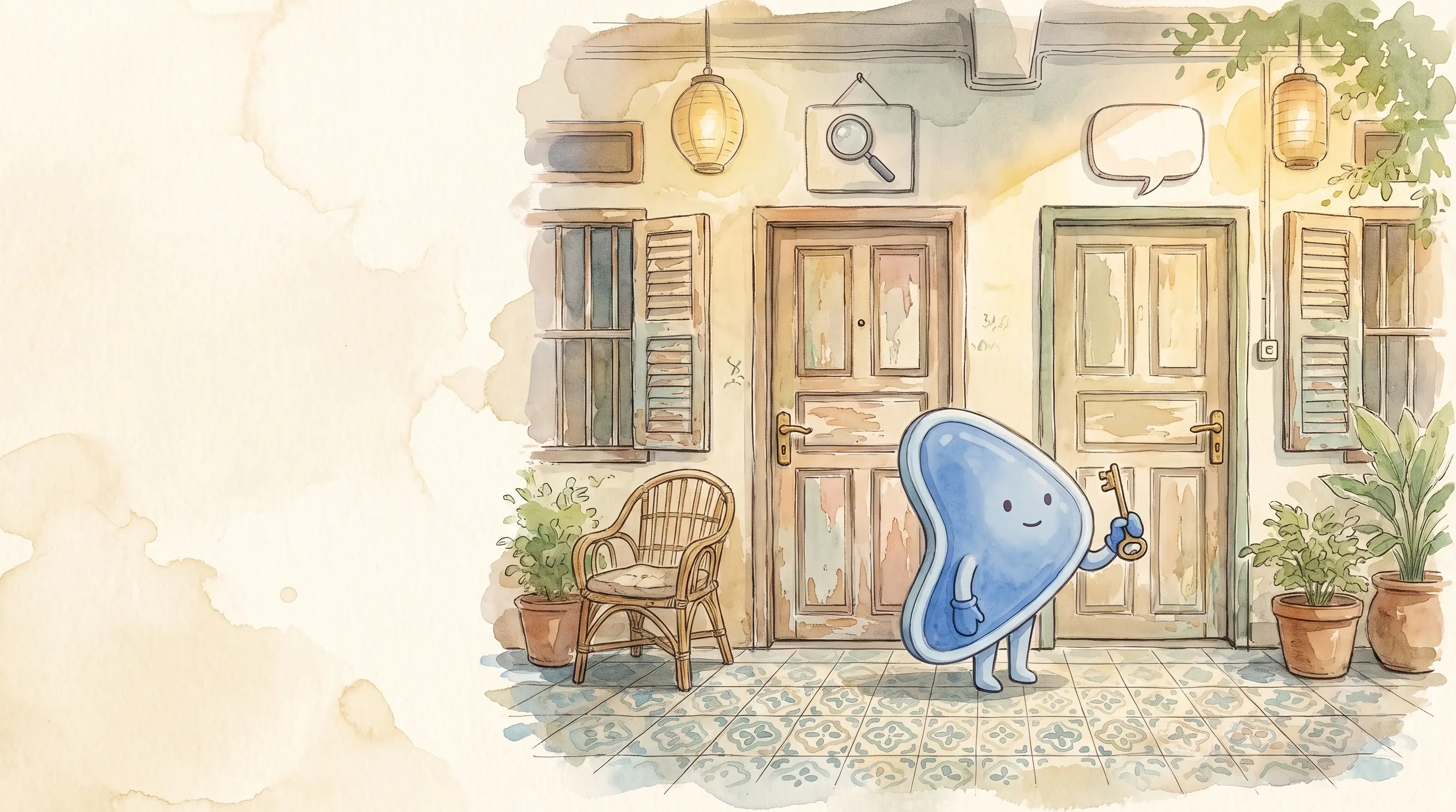 Watercolour illustration: EasyFound's blue mascot, Arrow, stands on a shophouse five-foot way between two doors, one with a magnifying glass above it and one with a speech bubble, holding a single key.