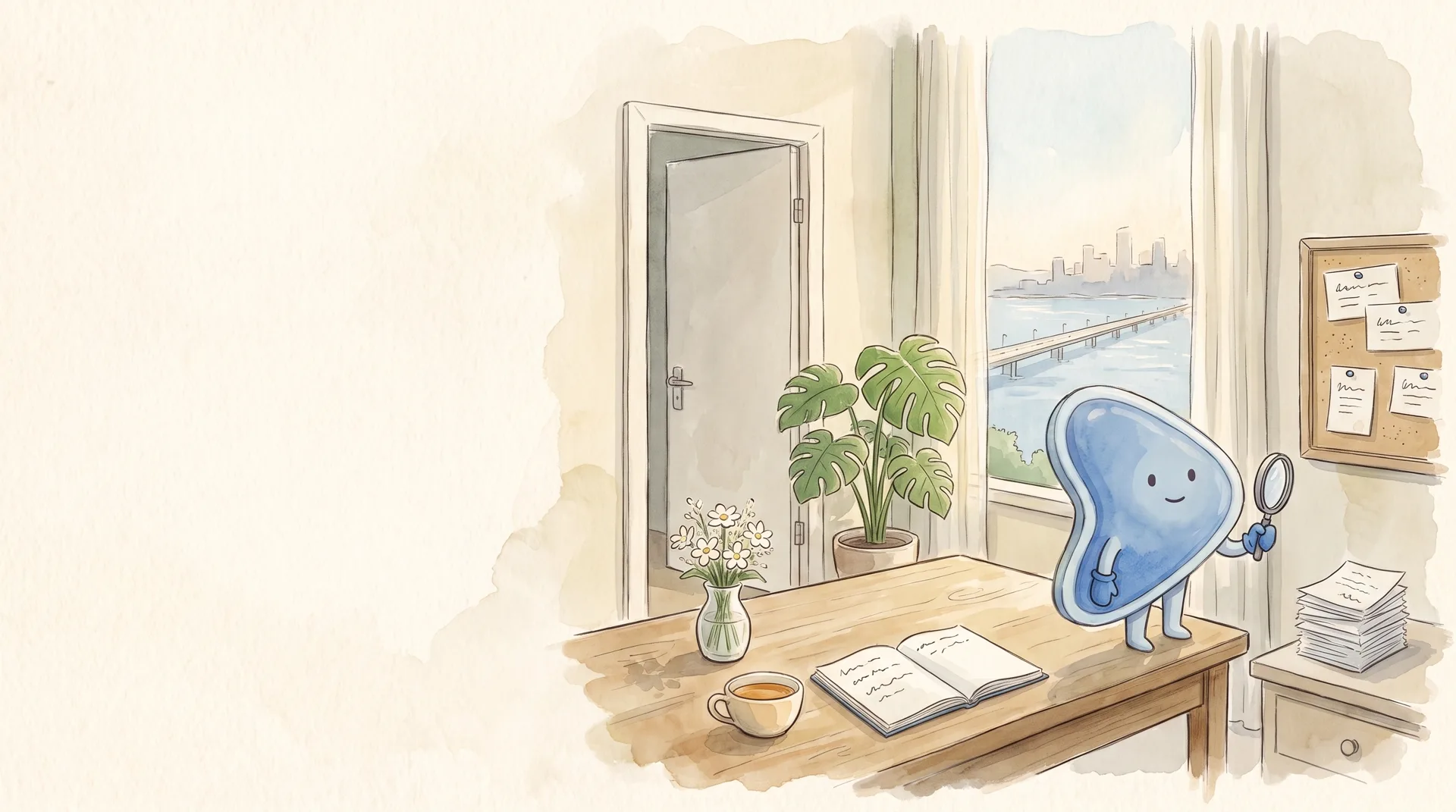 Watercolour illustration: EasyFound's blue mascot, Arrow, stands on a consultation-room desk holding a magnifying glass, looking from notes pinned on a cork board to a stack of letters, with a causeway bridge and a city skyline across the water outside the window.