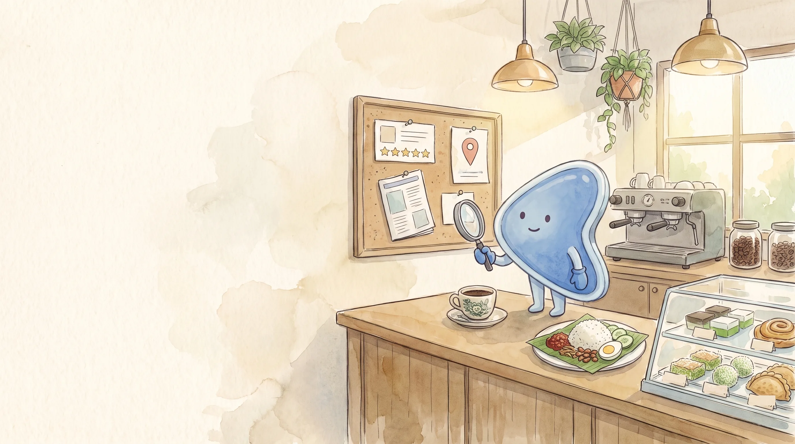 Watercolour illustration: EasyFound's blue mascot, Arrow, stands on a café counter beside a cup of kopi, a plate of nasi lemak and a display of kuih, holding a magnifying glass up to a cork board pinned with a blank review card, a blank magazine page and a blank map-pin card.