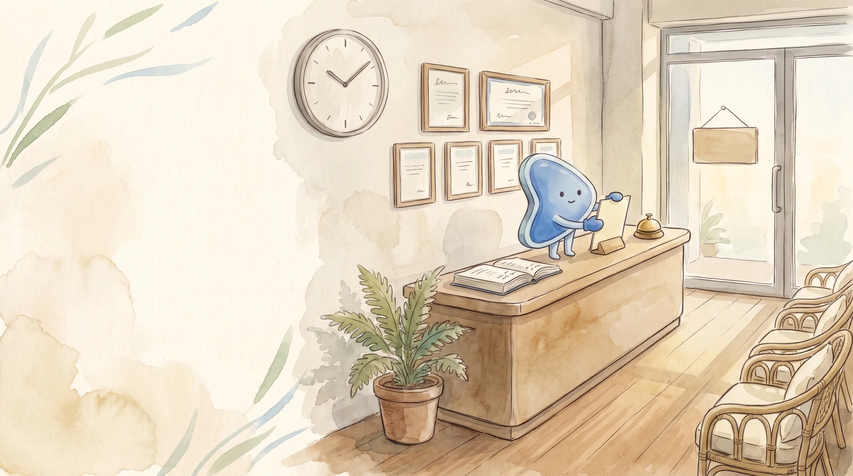 Watercolour illustration: EasyFound's blue mascot, Arrow, a small leaning guitar-pick-shaped character, stands on a clinic reception counter and straightens a blank card on a stand, beside a desk bell and an open appointment book, with blank framed certificates on the wall behind.