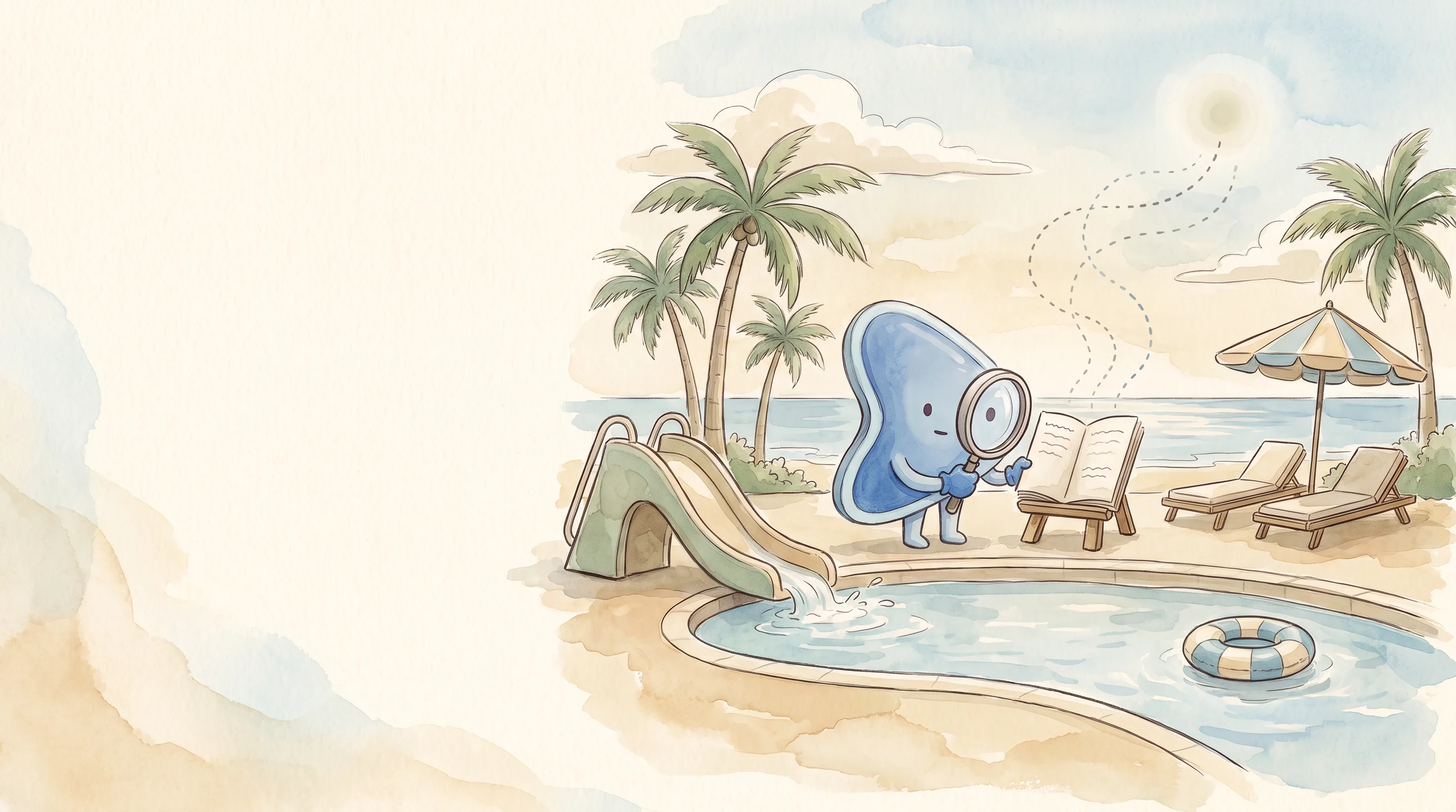 Watercolour illustration: EasyFound's blue mascot, Arrow, a small leaning guitar-pick-shaped character, stands beside a resort pool with a water slide and palm trees, holding a magnifying glass up to a blank open brochure on a stand, with sun loungers, a beach umbrella and the sea behind.