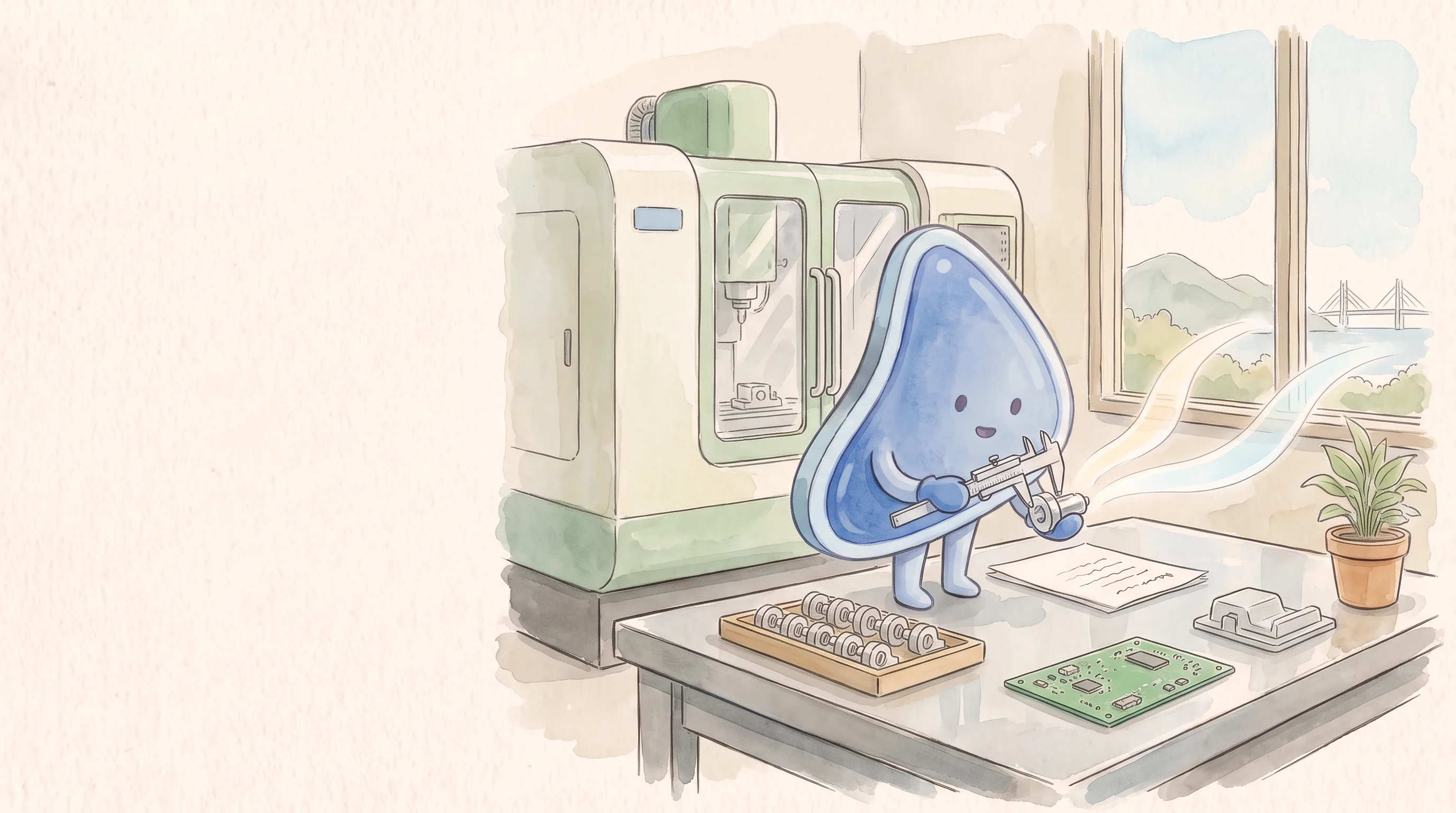 Watercolour illustration: EasyFound's blue mascot, Arrow, a soft leaning guitar-pick-shaped character, stands on a steel workbench in a Penang workshop and measures a small machined metal part with a vernier caliper, beside a tray of turned parts, a blank spec sheet, a green circuit board, a moulded plastic part and a potted plant, with a CNC machining centre behind and a window looking out to green hills and the Penang Bridge.