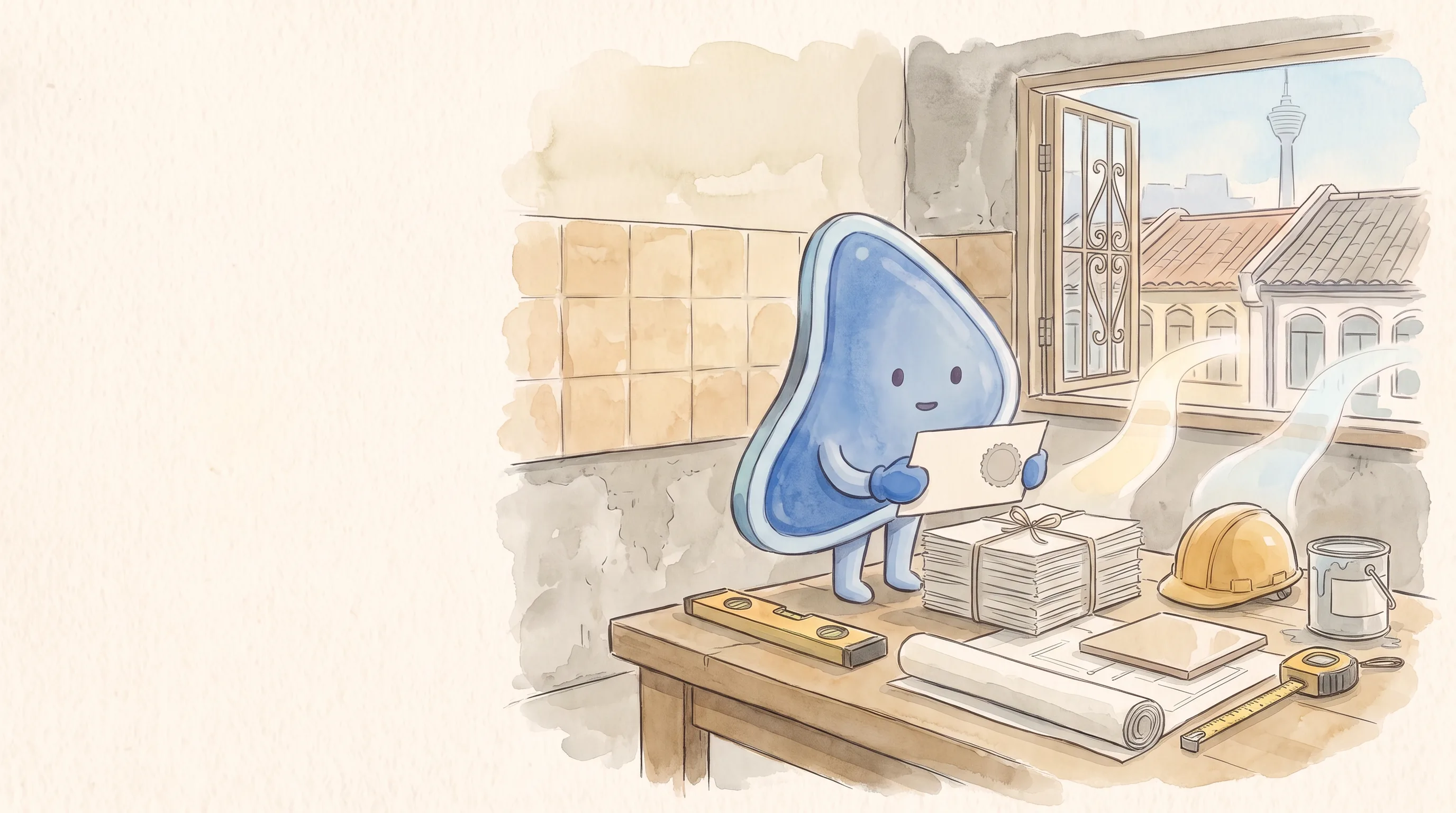Watercolour illustration: EasyFound's blue mascot, Arrow, a rounded leaning pick shape, stands on a wooden workbench in a half-renovated Kuala Lumpur terrace-house kitchen with tan wall tiles. It holds up a blank card with a round seal beside a twine-tied stack of papers, with a spirit level, rolled plans, a tile sample, a hard hat, a paint tin and a measuring tape on the bench, and a grilled window looking out to terrace rooftops and KL Tower.