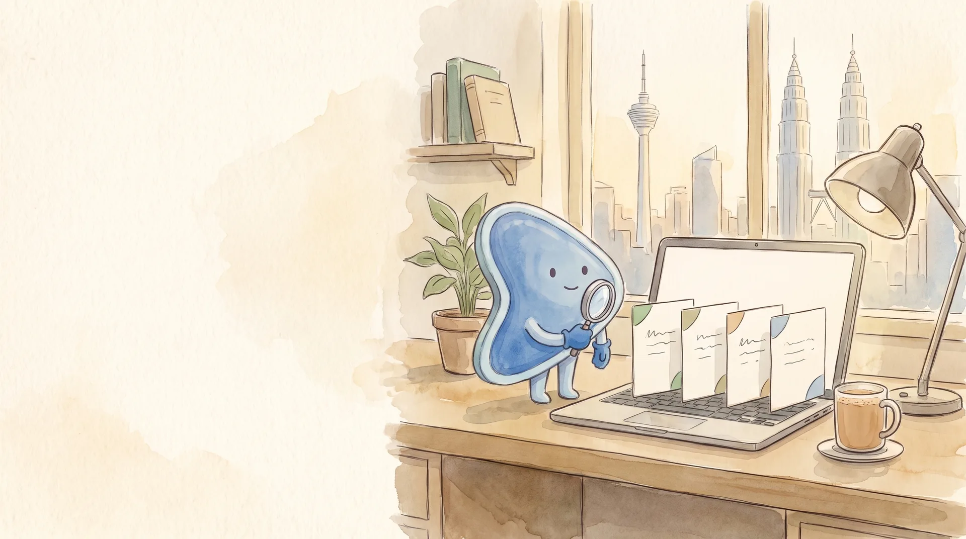 Watercolour illustration: EasyFound's blue mascot, Arrow, a small leaning guitar-pick-shaped character, stands on a software office desk beside an open laptop with a blank screen, holding a magnifying glass up to four blank paper pages standing in a row, with city towers outside the window.