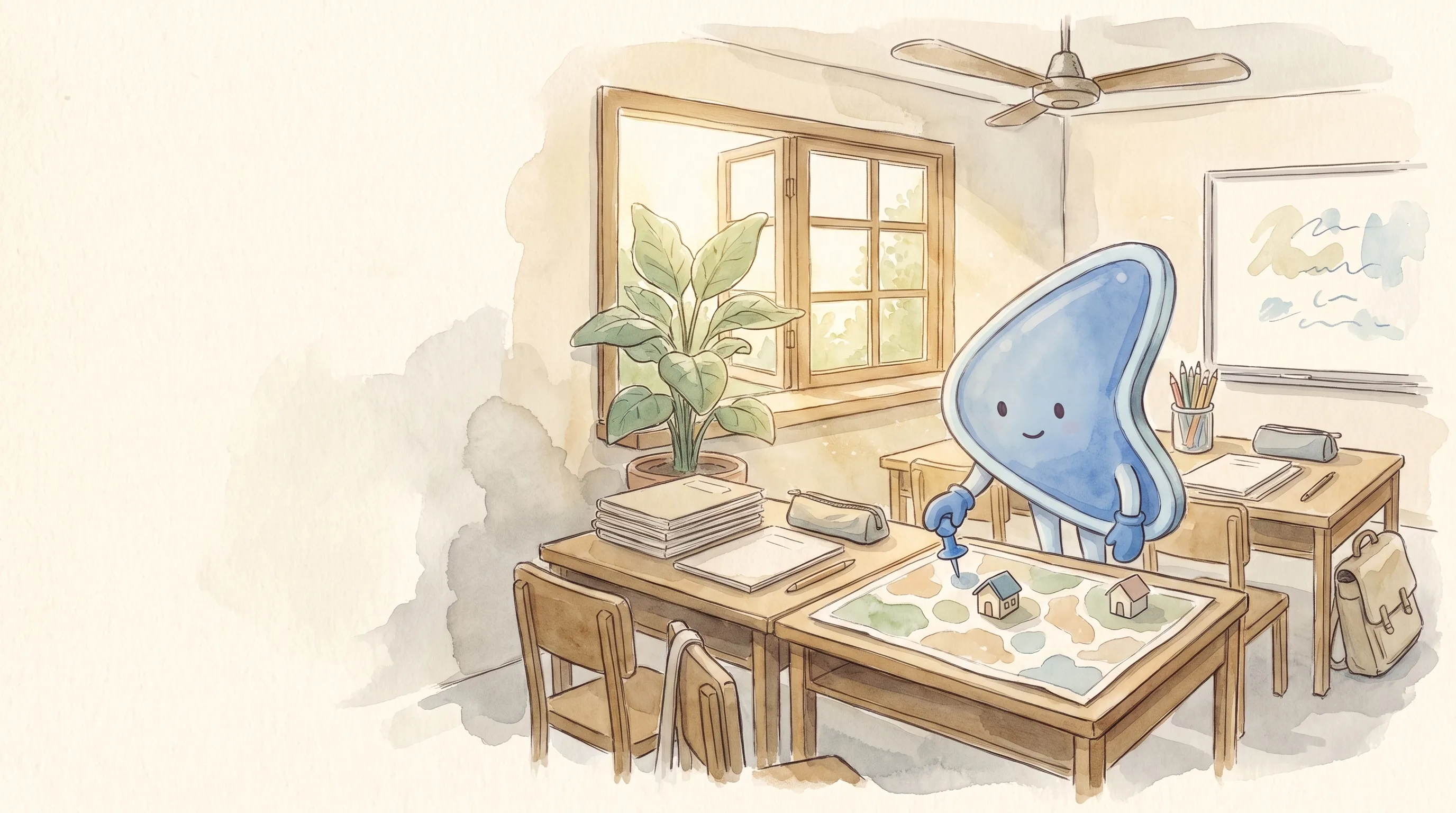 Watercolour illustration: EasyFound's blue mascot, Arrow, stands in a small tuition classroom and places a blue pin on an unlabelled map beside two tiny model houses, with exercise books stacked on the desks.