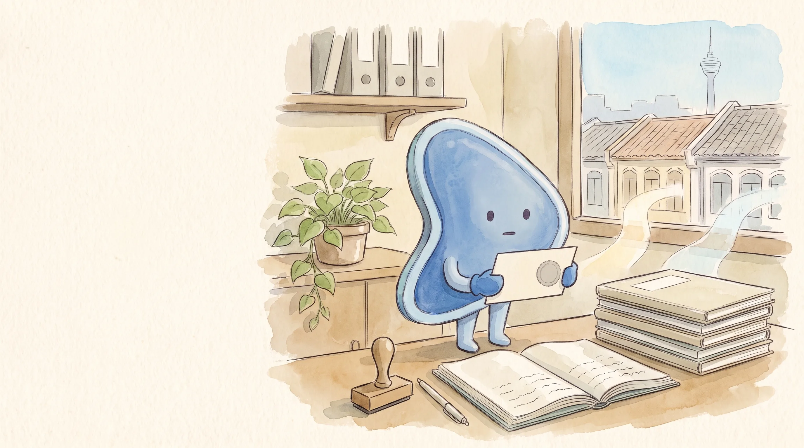 Watercolour illustration: EasyFound's blue mascot, Arrow, a small leaning guitar-pick-shaped character, stands on a desk in a Kuala Lumpur shophouse office holding a blank card with a round stamp mark beside an open book, a wooden rubber stamp and a stack of ledgers, with shophouse roofs and KL Tower through the window.