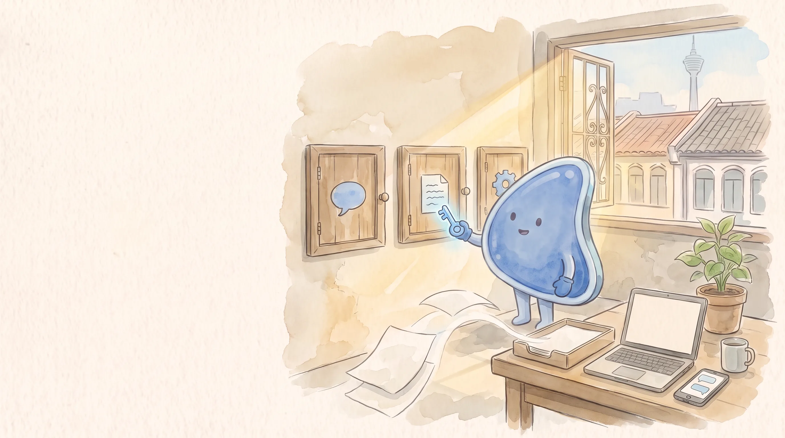 Watercolour illustration: EasyFound's blue mascot, Arrow, a soft leaning guitar-pick-shaped character, stands in a sunlit Kuala Lumpur shophouse office and turns a glowing blue key in the middle of three small wooden cabinet doors painted with a speech bubble, a sheet of paper and a gear, while loose sheets drift from a paper tray; a desk holds a laptop, a phone showing chat bubbles, a mug and a potted plant, and a grilled window looks out to shophouse roofs and KL Tower.