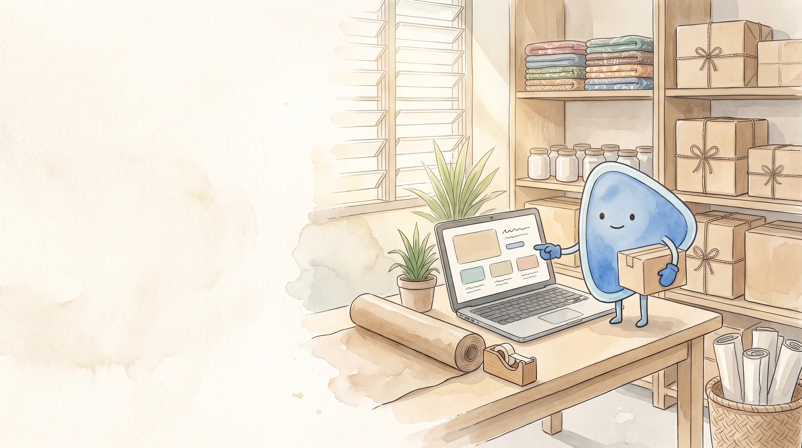 Watercolour illustration: EasyFound's blue mascot, Arrow, stands on a packing table in a small online seller's stockroom, holding a parcel and pointing at a laptop showing a blank shop layout, with shelves of folded batik, jars and tied parcels behind.