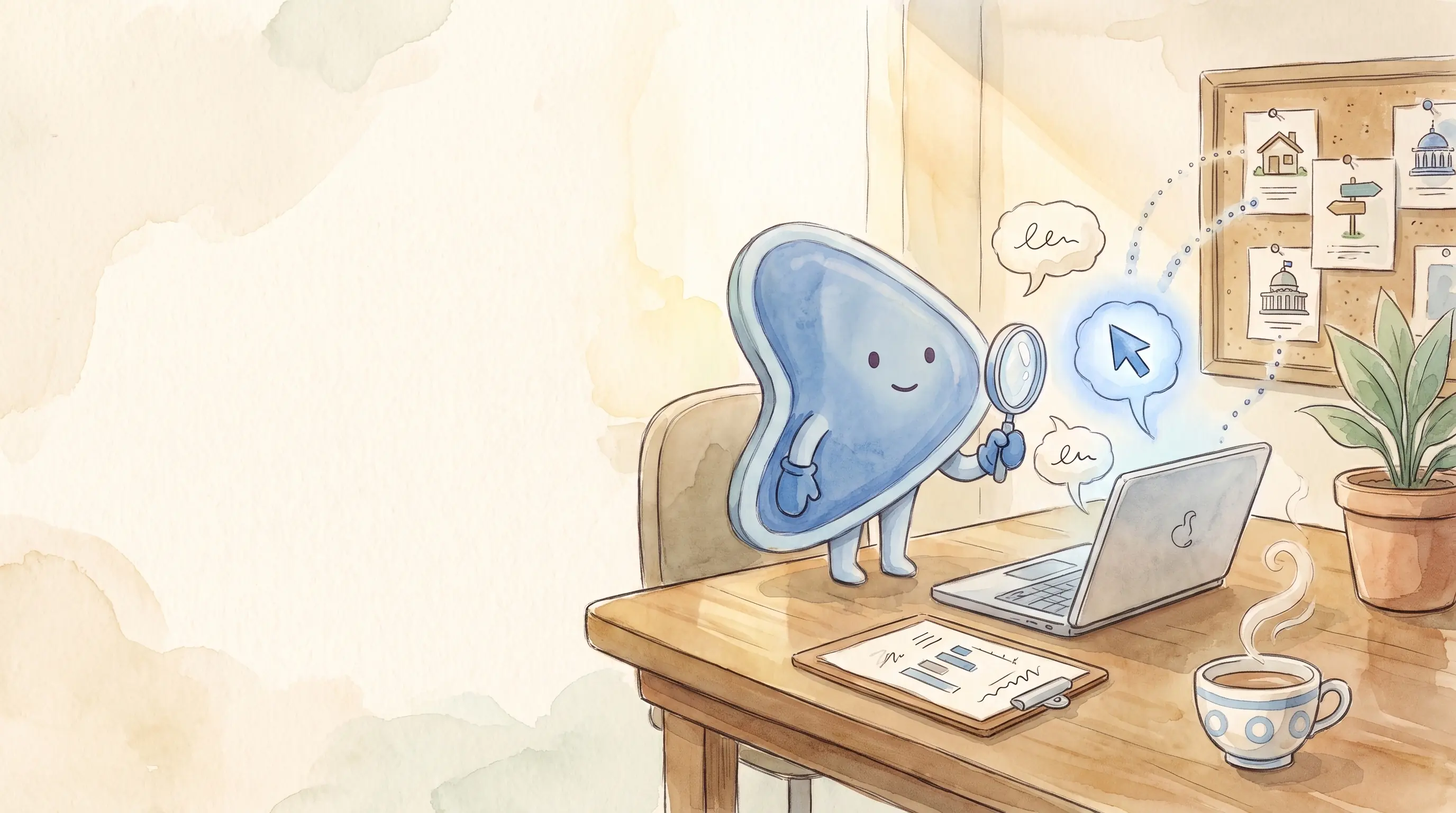 Watercolour illustration: EasyFound's blue mascot, Arrow, stands on a meeting table holding a magnifying glass over speech bubbles rising from a laptop, beside a clipboard of bar marks and a corkboard of pinned source cards.