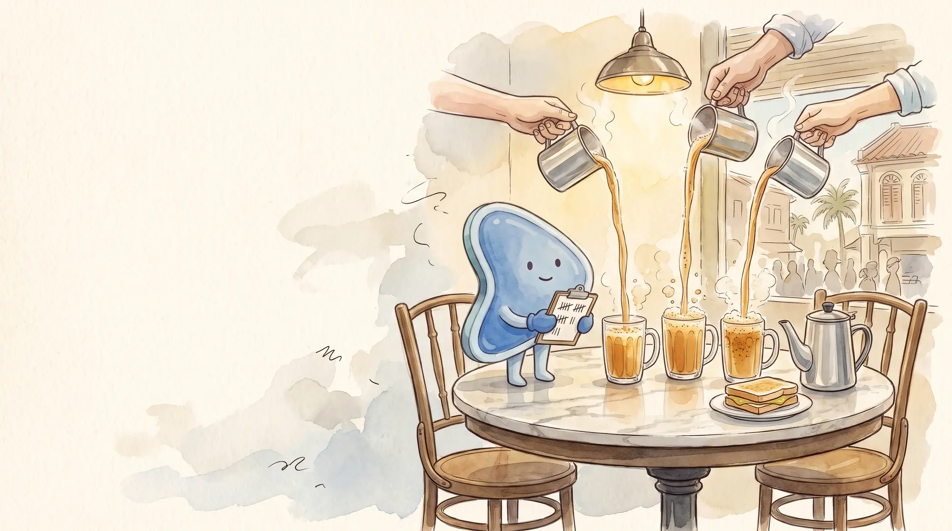 Watercolour illustration: EasyFound's blue mascot, Arrow, stands on a marble kopitiam table with a clipboard, keeping a tally as three hands pour teh tarik into three glasses at once.