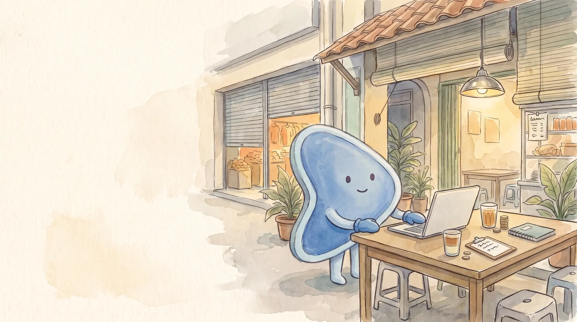 Watercolour illustration: EasyFound's blue mascot, Arrow, stands at a table under a shophouse awning with one mitten on an open laptop, beside a small stack of coins and a glass of teh tarik, as a neighbouring shop's shutter sits half closed.